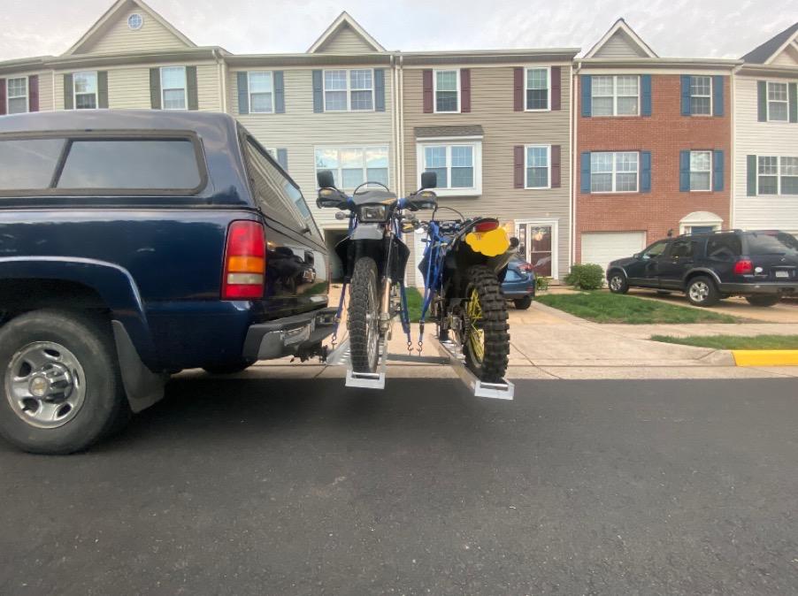 Black Widow Aluminum Dual Dirt Bike Carrier with Ramp, 600 lb Capacity | Roll-on / off, self-storing ramp, anti-wobble, youth bike adapter, car, truck, SUV tow hitch, less effort loading, 2