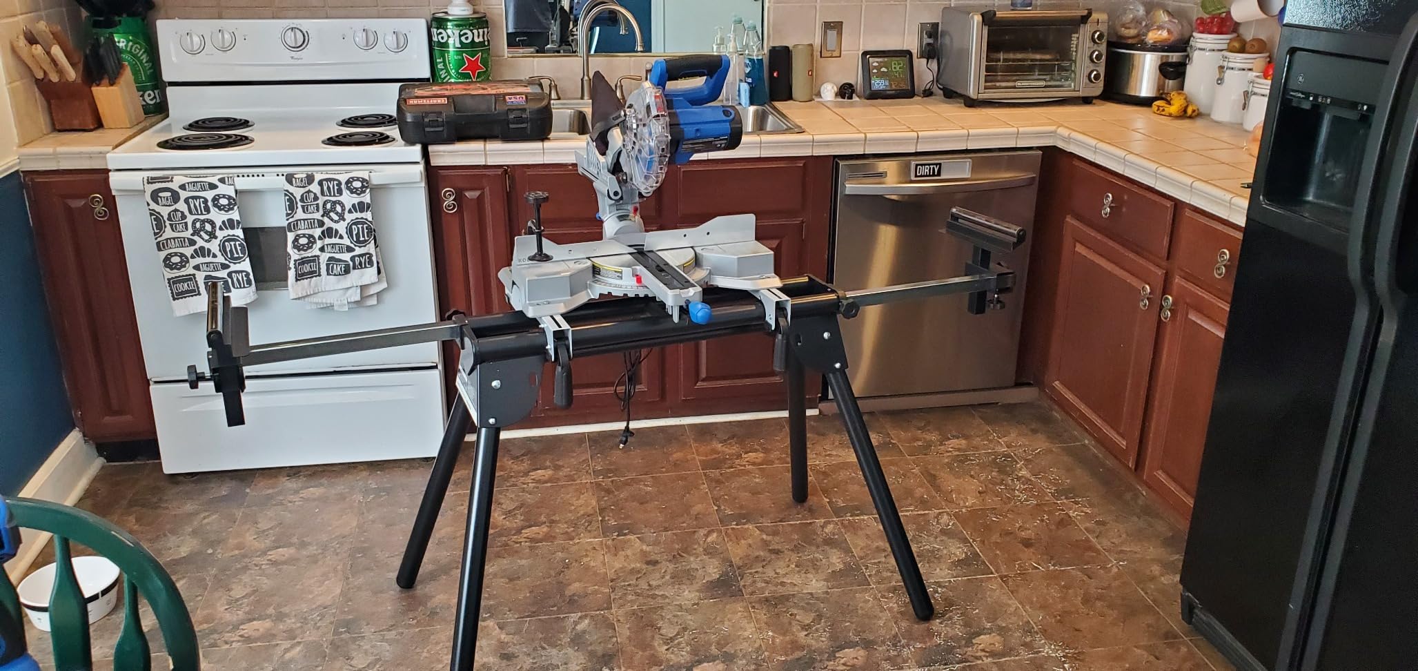 Evolution Power Tools EVOMS1 Miter Saw Stand Compact & Folding, Universal Fits Most Brands, Quick Release Mounting Brackets, Rollers, End Stops for Repeat Cutting, Black customer photo 1