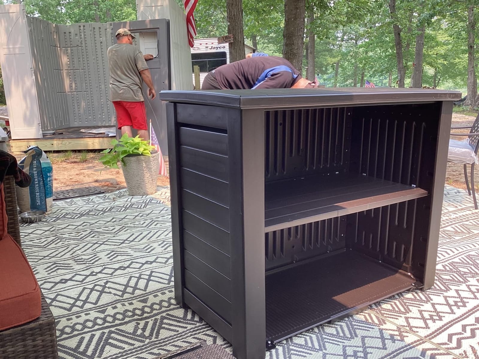 Rubbermaid Decorative Outdoor Storage Cabinet (123 Gal), Weather Resistant, Brown, Organization for Home/Backyard/Pool Chemicals/Toys/Garden Tools/Porch/Patio Cushions customer photo 2
