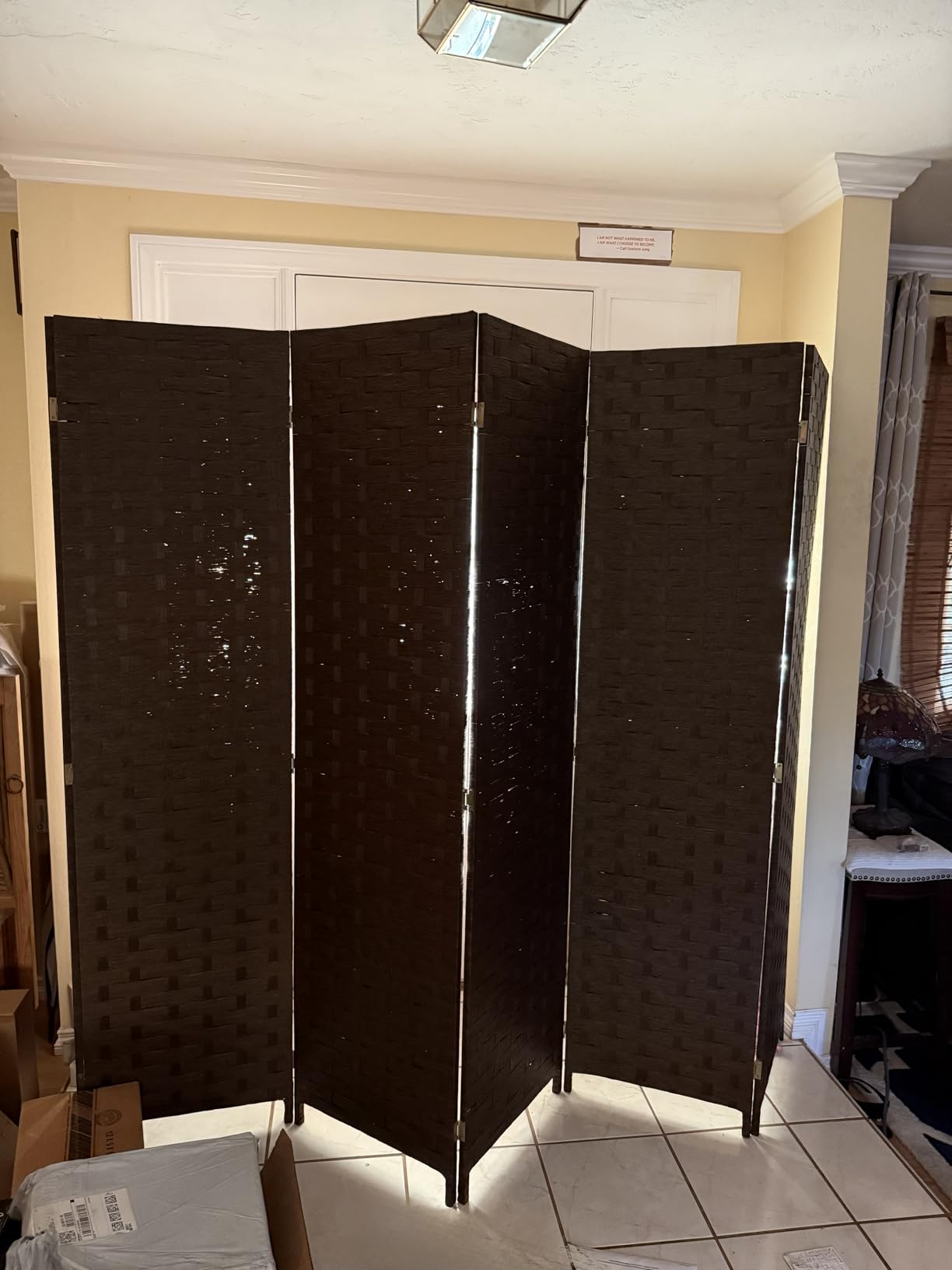 FDW 4-Panel Folding Room Divider | 6ft, Black | Light & Portable | Wooden Wall Divider with Hand Woven Mesh | Easy to Move Privacy Screen | For Space Separation, Living Room, Bedroom, Office customer photo 1