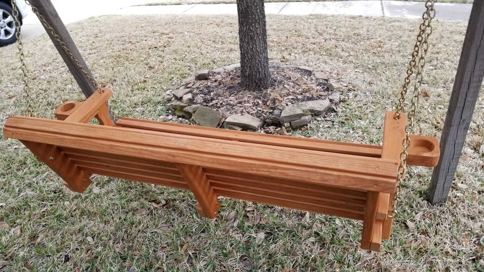 Amish Casual Heavy Duty 700 Lb Capacity Porch Swing with Cup Holders (5 Foot, Cedar Stain) - Wooden Outdoor Roll Back Swing with Hanging Chains - Amish Made in the USA customer photo 1
