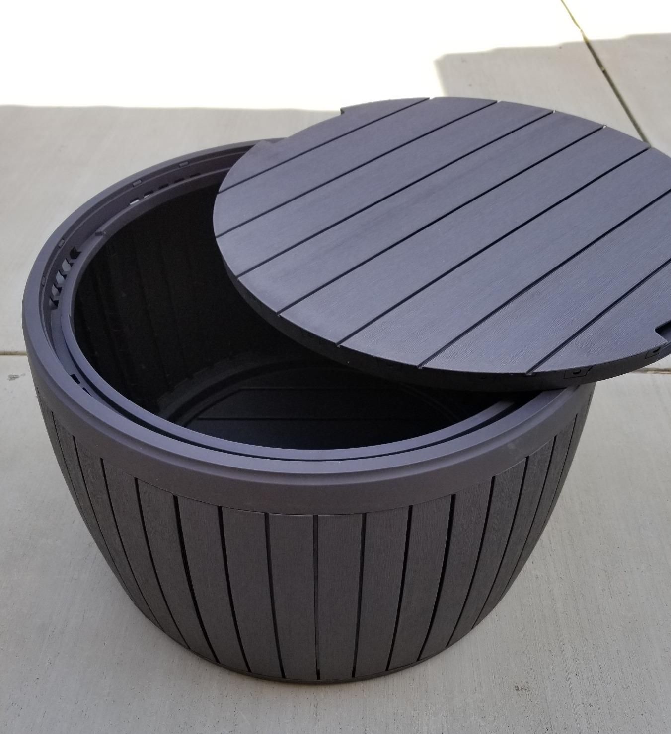 Keter Circa 37 Gallon Deck Box Organizer, Works as Ottoman Chair or Side Table, Brown - Large Resin Round Outdoor Storage and Seating for Garden, Pool, and Patio customer photo 1