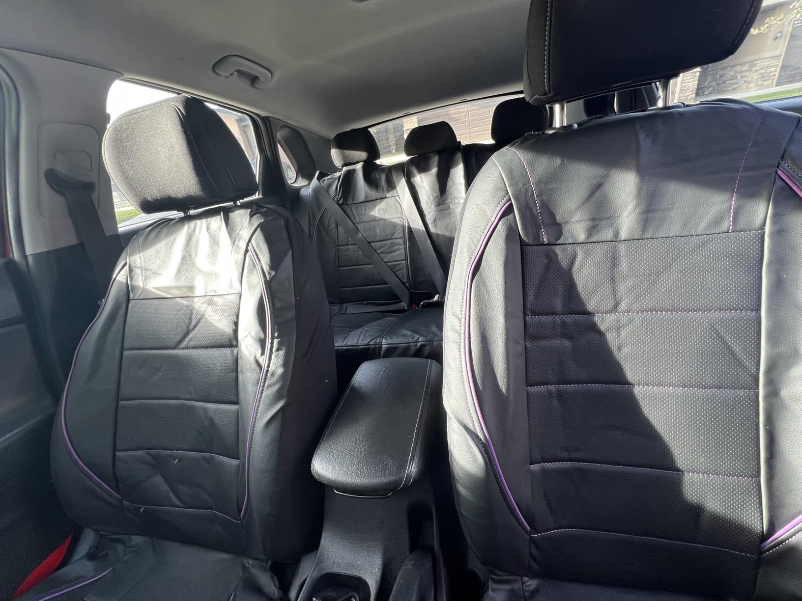 CAR PASS Universal FIT Piping Leather Two Front Seat Covers, Waterproof Faux Leather for SUV Sedan Van Truck, Airbag Compatible, Reserved Opening Holes for Headrest Covers. (Black red) customer photo 1