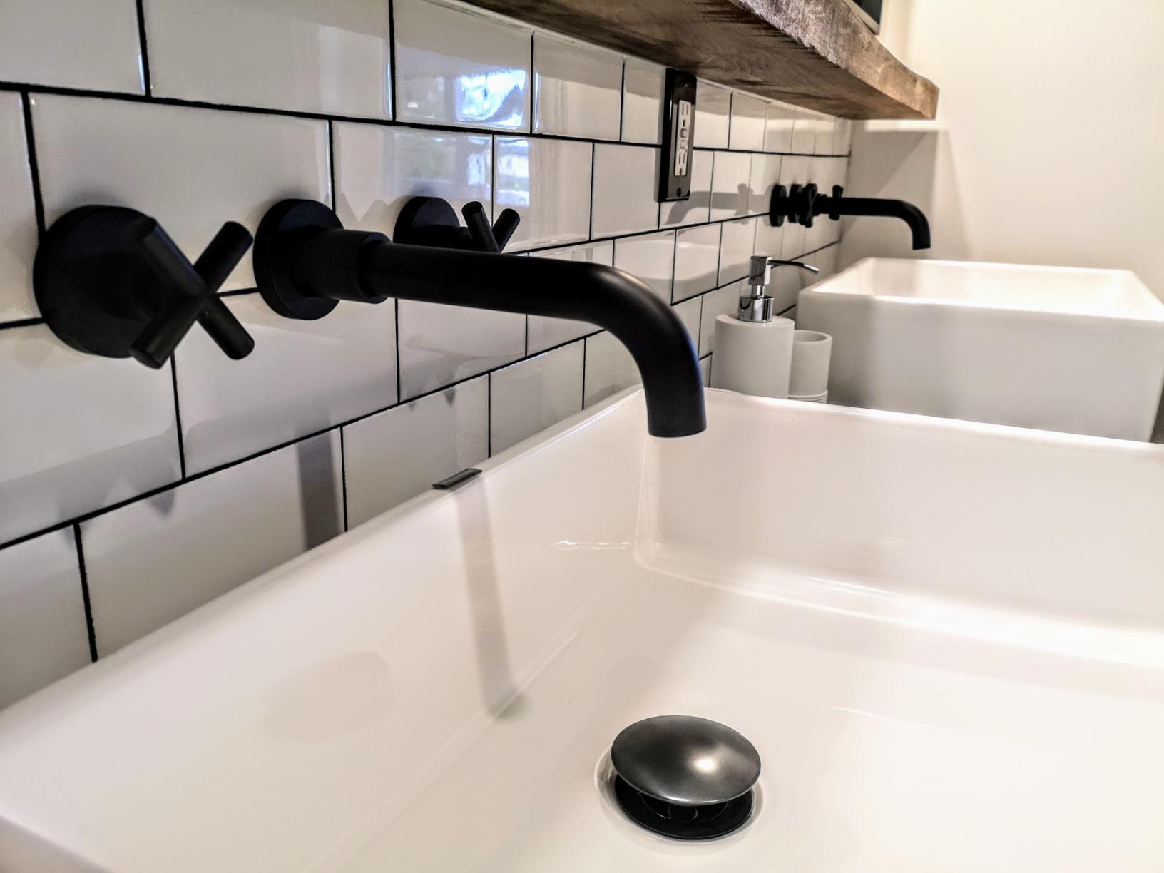 SITGES Matte Black Bathroom Faucet, Double Handle Wall Mount Bathroom Sink Faucet and Rough in Valve Included (Matte Black) customer photo 2