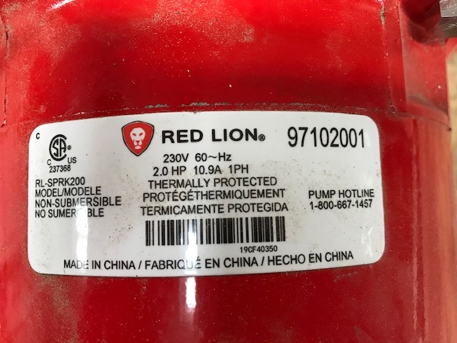 Red Lion RL-SPRK200 Sprinkler/Irrigation Pump, 230V, 76 GPM, 2 HP, Thermoplastic Impeller, For water sources down to 25' deep, Handles up to 14 sprinklers (1/2