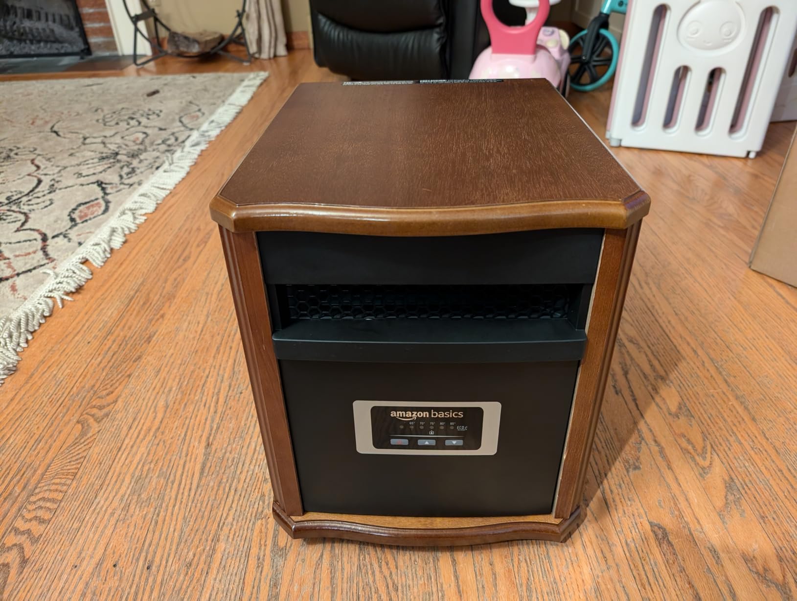Amazon Basics Portable Space Heater with Remote Control, Adjustable Thermostat, Indoor Use, Energy-Saving Setting, LED Display, Classic Wood Casing, 1500W, 12