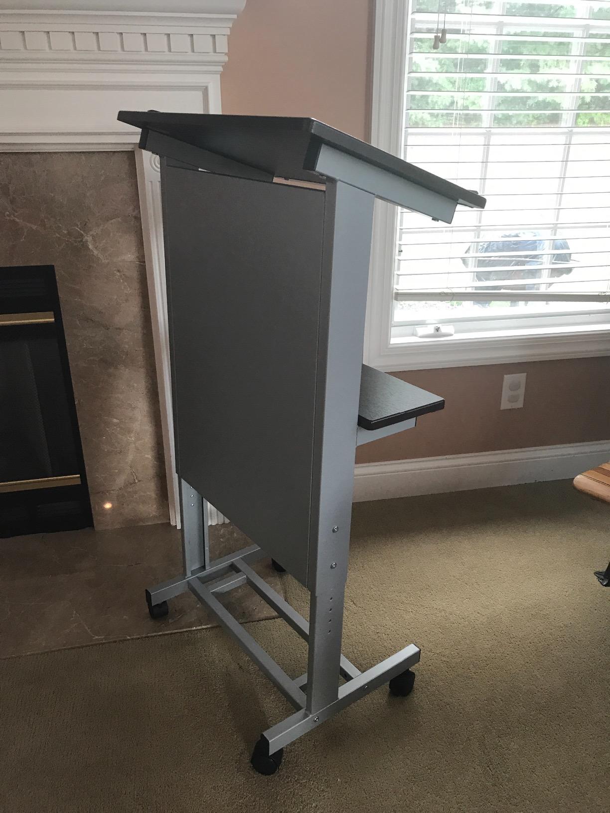 Stand Up Desk Store Mobile Adjustable Height Rolling Lectern Podium with Heavy Duty Steel Frame (Black Frame/Black Shelves, 25.5