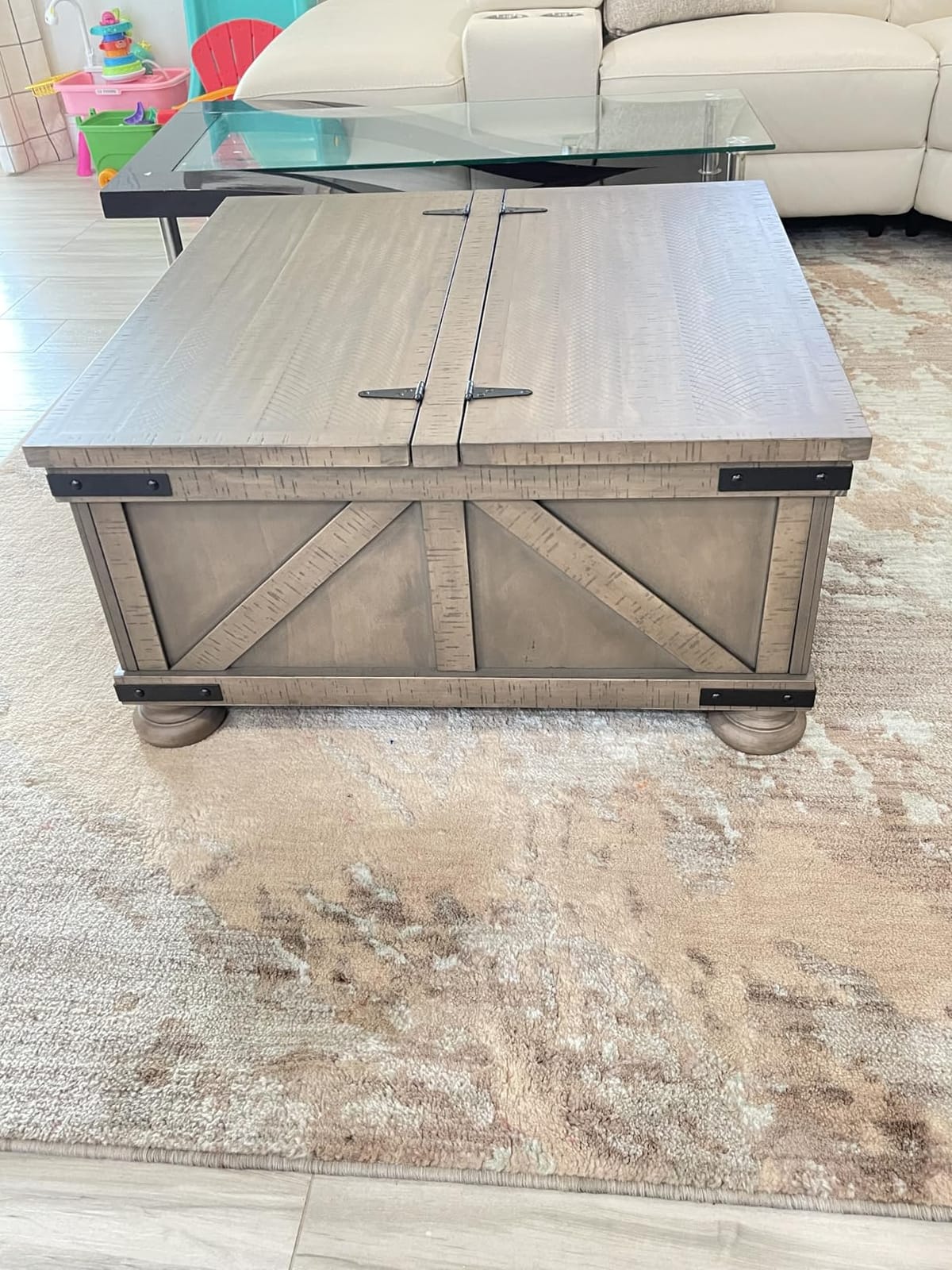 Signature Design by Ashley Lift Top Coffee Table with Storage, Farmhouse | Pine veneers, wood & engineered wood, Split-top spring lift, Hidden trunk storage, 36-in square footprint, Valebeck Series customer photo 1