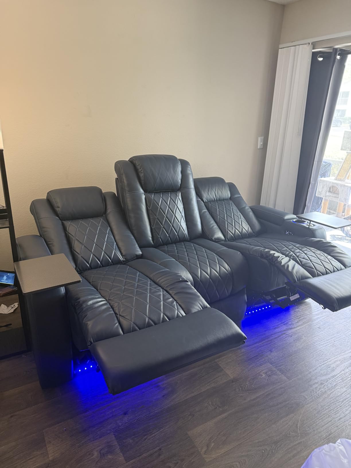 Valencia Home Theater Seating Tuscany 2025 3-Seat Power Recliner with Center Console - Top Grain Nappa 11000 Leather, Cool Gel Memory Foam, USB-C/A Charging, RGB Lights (Midnight Black) customer photo 1