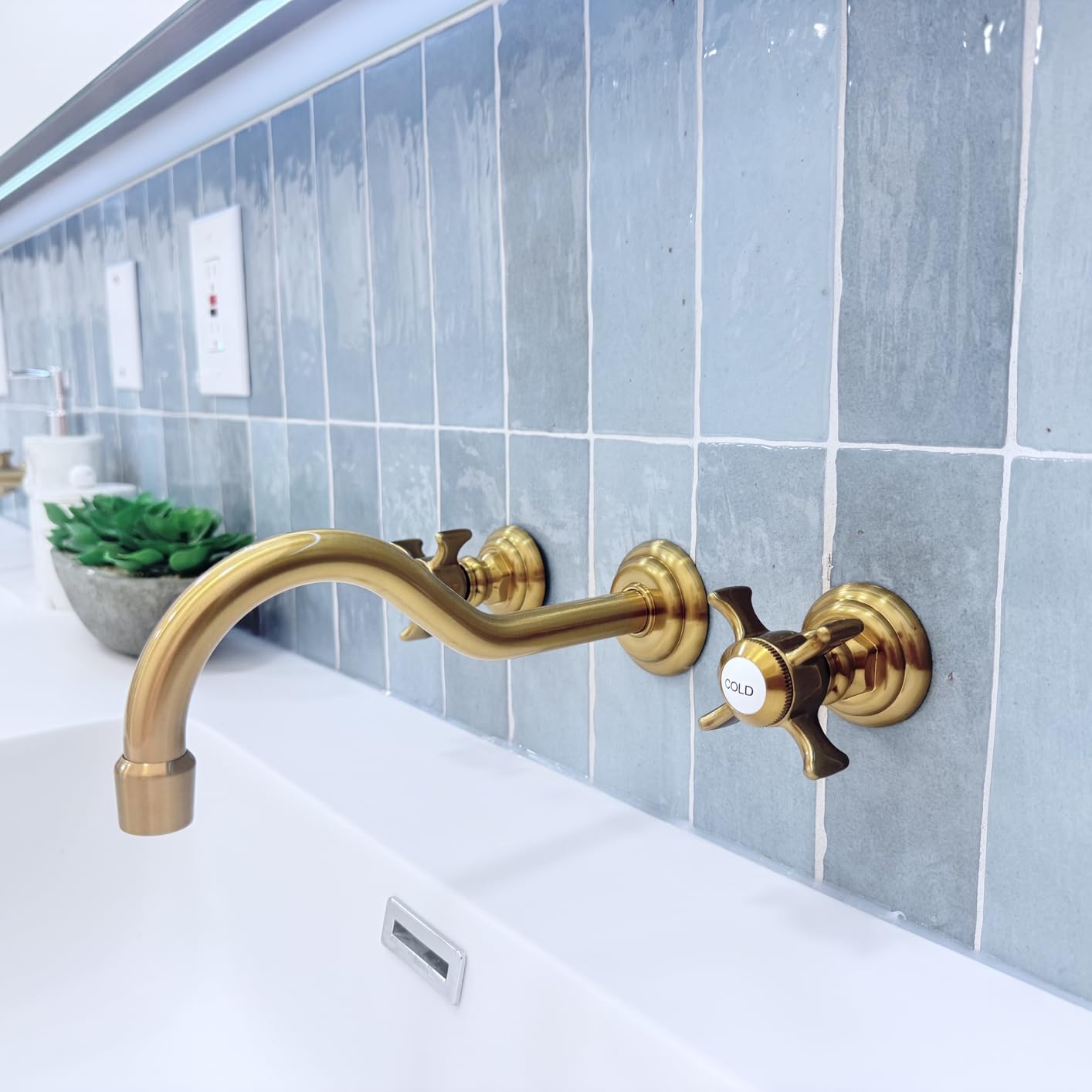 SITGES Antique Wall Faucet, Two Handle Bathroom Sink Wall Mount Faucet with Rough in Valve Included, Gold Brushed customer photo 1