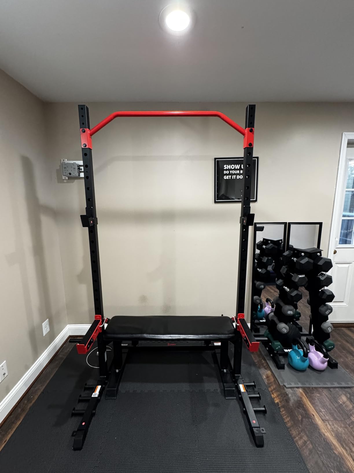 Sunny Health & Fitness Full Size Power Rack for Complete Strength Training | Angled Pull-Up Bar, Squat & Bench Ready, 2 J-Hooks & Spotter Arms, 2