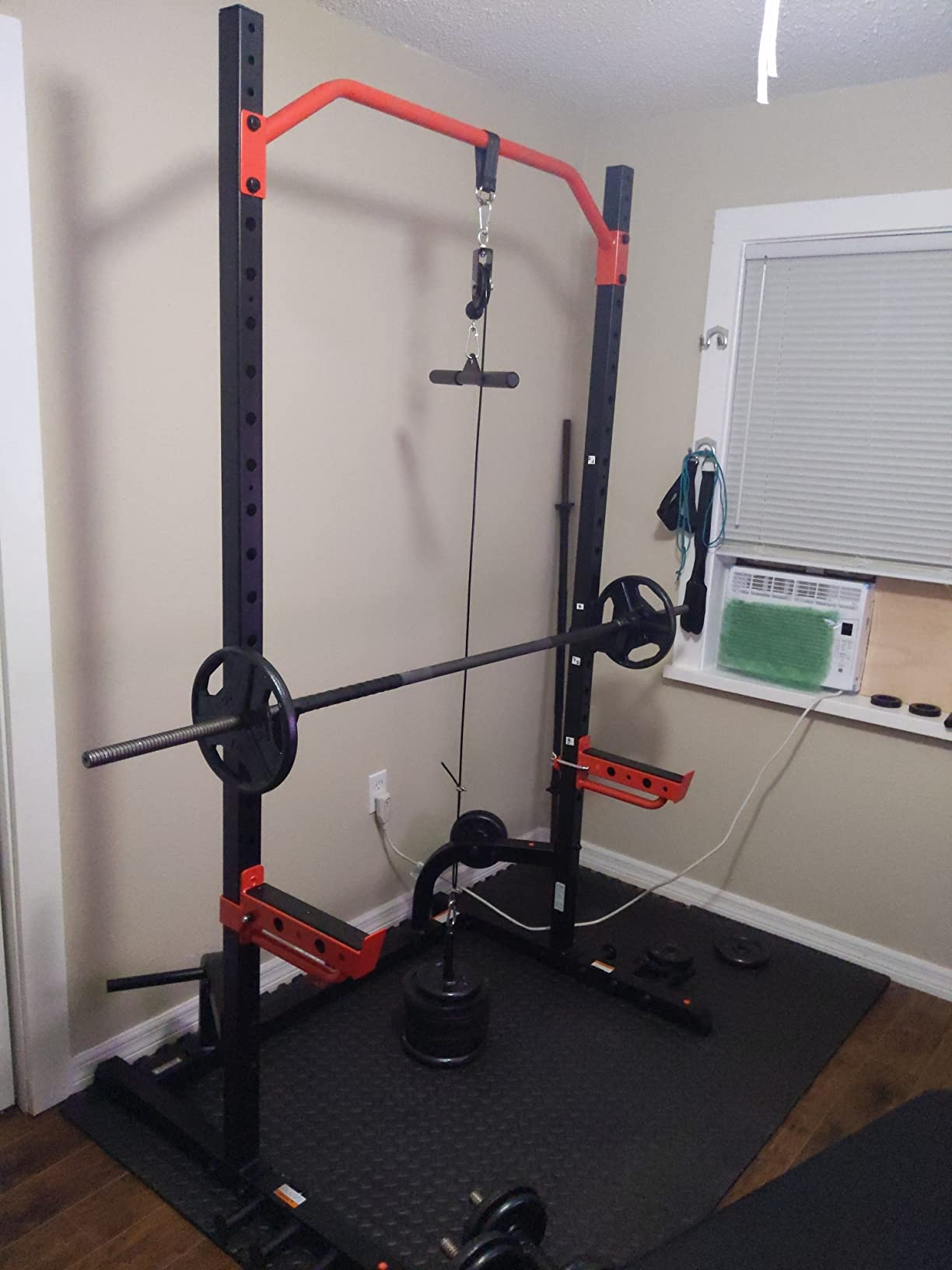 Sunny Health & Fitness Full Size Power Rack for Complete Strength Training | Angled Pull-Up Bar, Squat & Bench Ready, 2 J-Hooks & Spotter Arms, 2