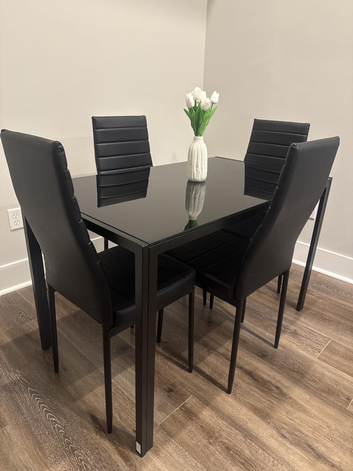 FDW | 5-Piece Dining Table Set | Black | Glass Kitchen Table | With 4 Upholstered Chairs and Faux Leather Cushions | Space-Saving and Modern Design | Easy to Assemble | for Dining Room customer photo 1