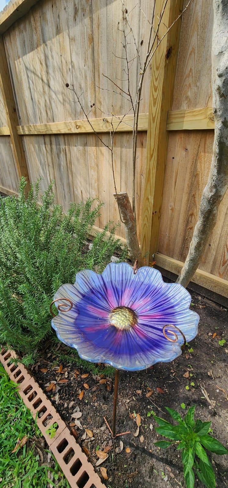 MUMTOP Glass Birdbath Birdfeeder with Metal Stake Garden Yard Outdoor Blue | 31inch height stain glass bird bath for outside, Blue flower bird bath bowl, attract wild birds and beautify outdoor gardens customer photo 2