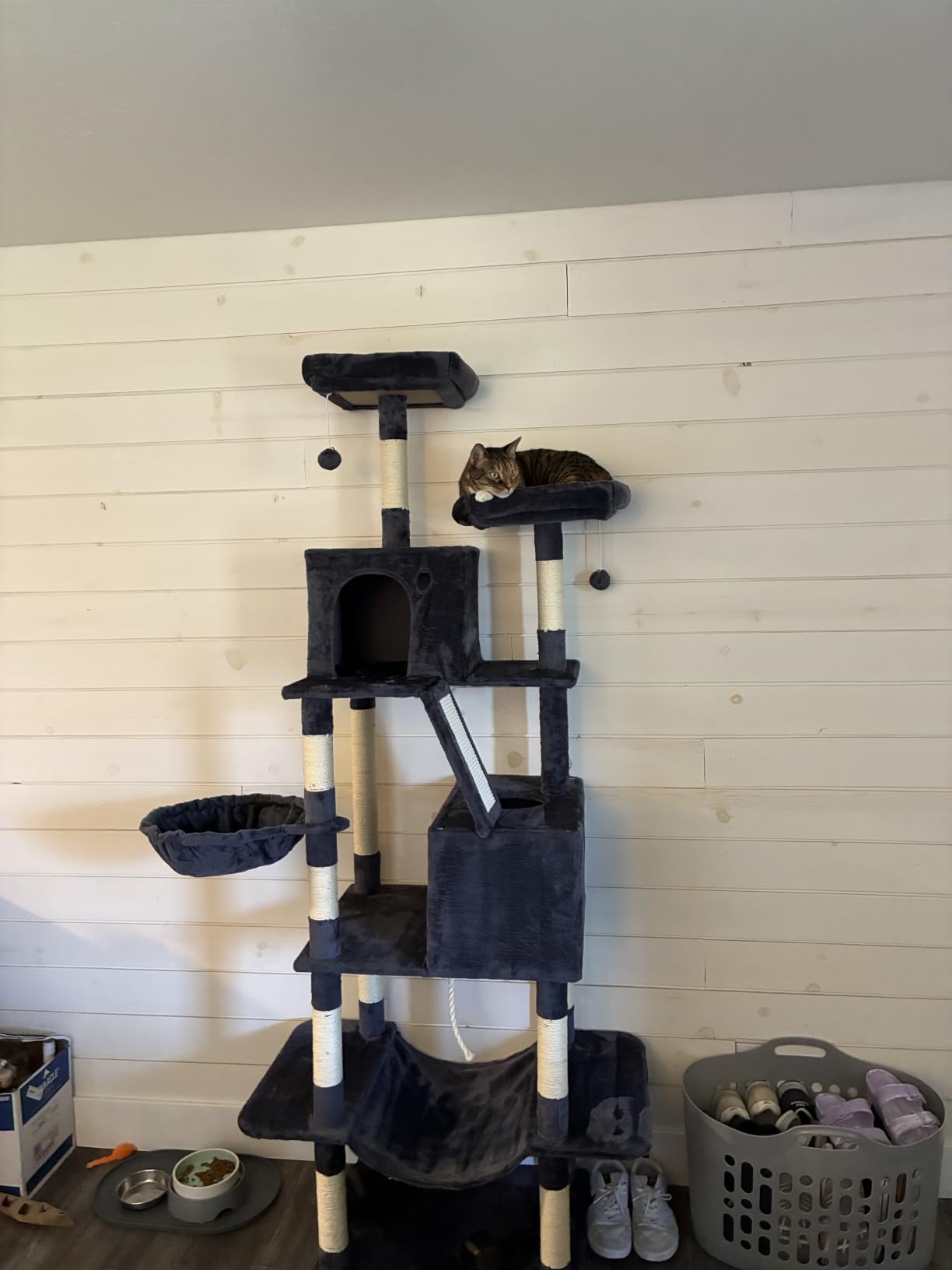 Feandrea Cat Tree, 81.1-Inch Large Cat Tower, Multi-Level Plush Condo with 13 Scratching Posts, 2 Perches, 2 Caves, Basket, Hammock, Pompoms, Smoky Gray UPCT190G01 customer photo 2