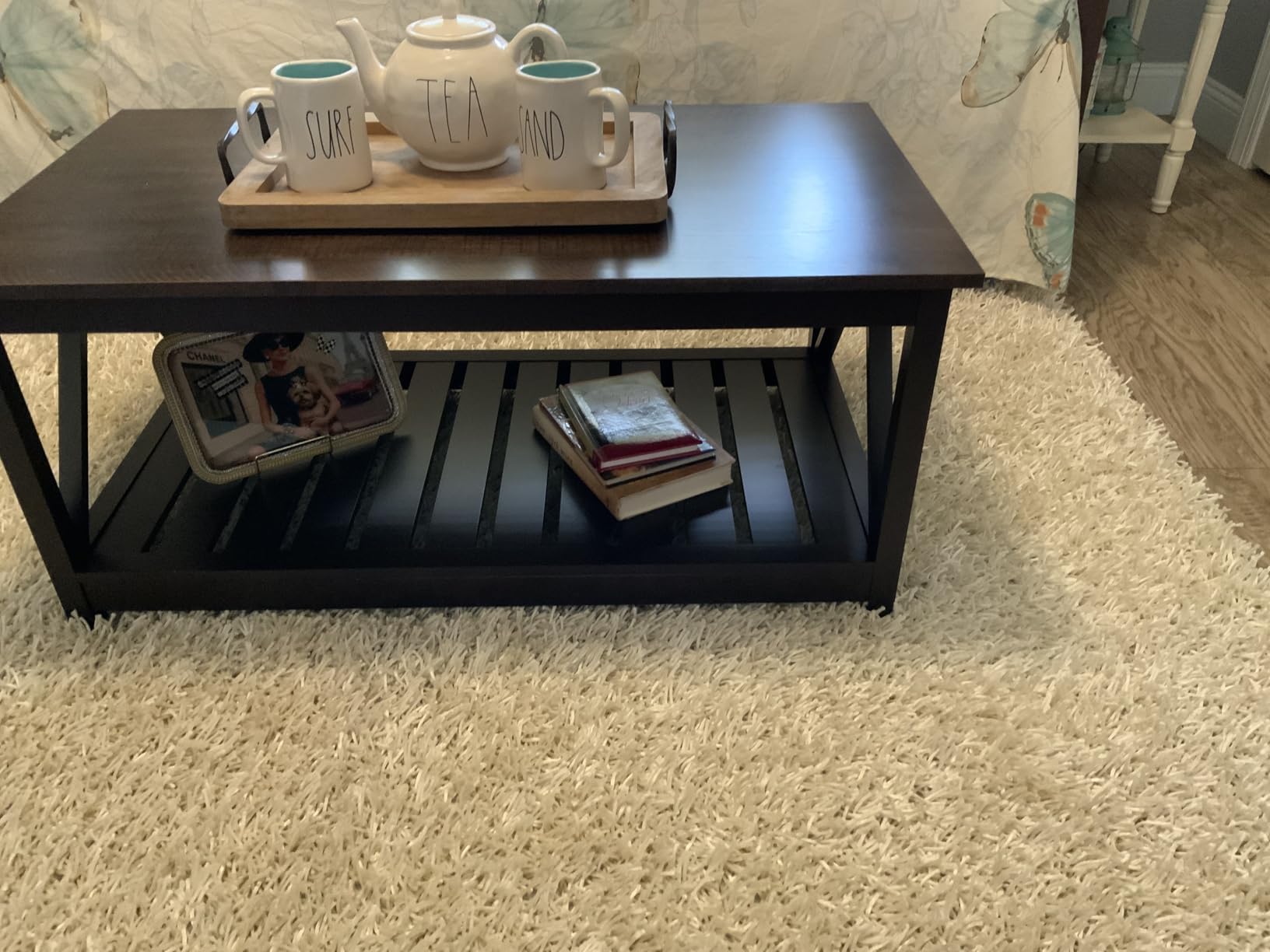 ChooChoo Farmhouse Coffee Table, Rustic Vintage Living Room Table with Shelf, 40 White customer photo 2