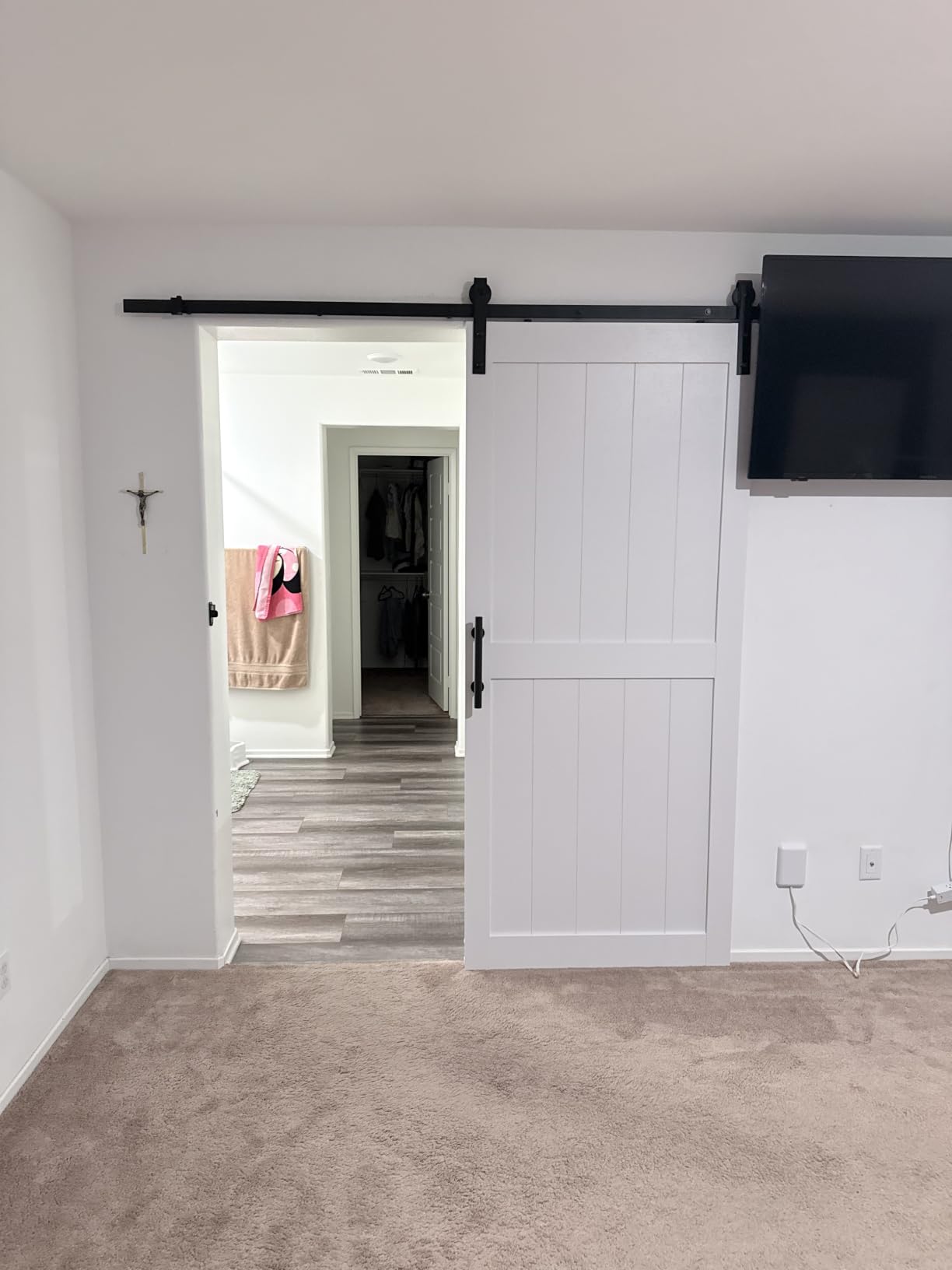 48''x84'' Sliding Barn Door with 8 Ft Barn Door Hardware Kit | Pre-Drilled Holes Easy Assembly - Include Installation Manual, Water-Proof PVC Surface, H-Frame, White customer photo 1