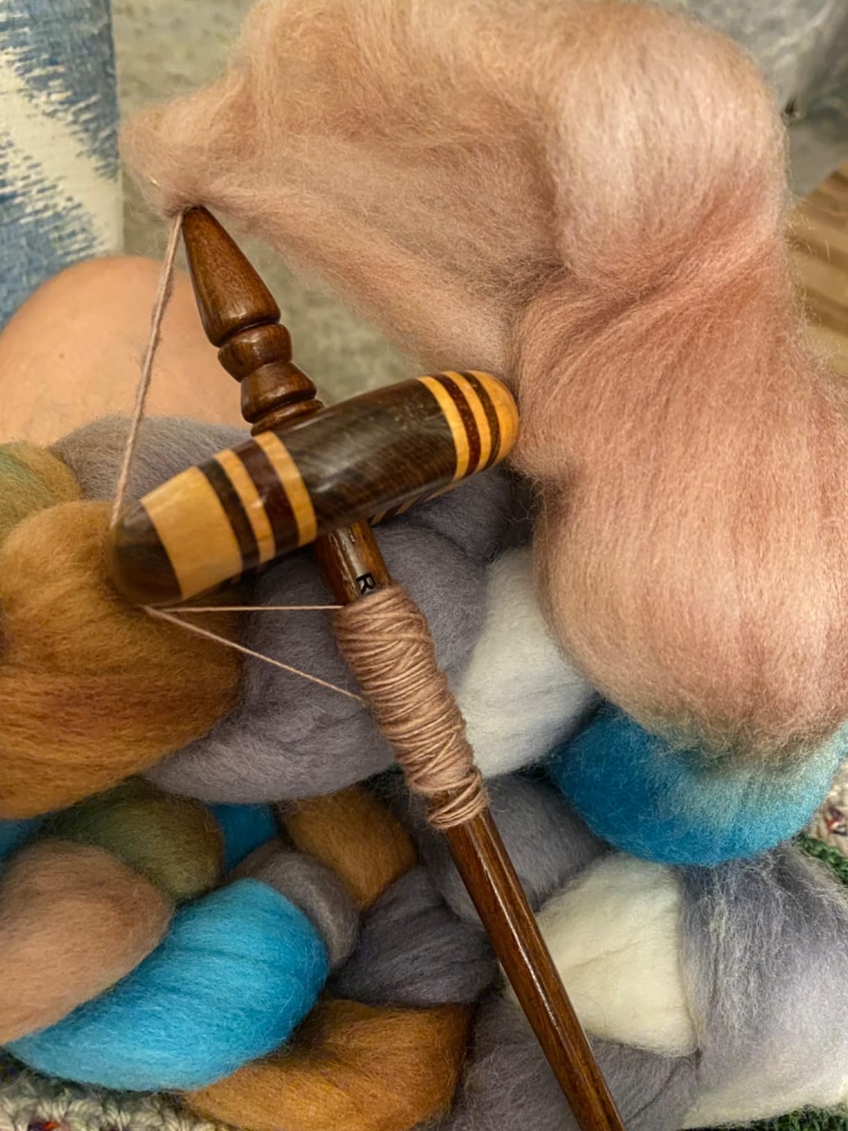 Revolution Fibers Premium Artisan Top Whorl Drop Spindle for Beginner & Advanced Hand Spinning - 11 inch Shaft | 3.25 inch Whorl Diameter | Multi-Wood Satin Finish | Spin Roving into Yarn customer photo 2