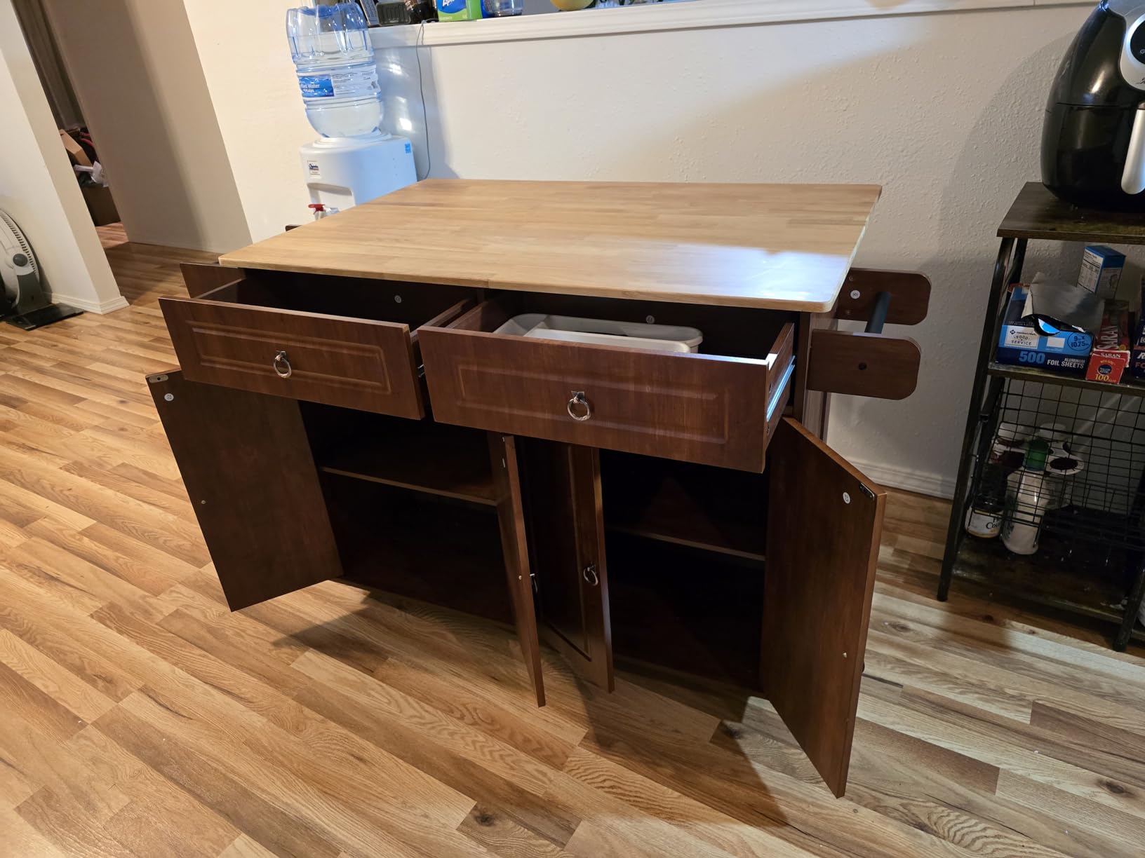 Qsun Kitchen Island with Drop Leaf and Storage, on Wheels Two Drawers, Large Storage Cabinet, Towel Rack Spice Cart Brown customer photo 1