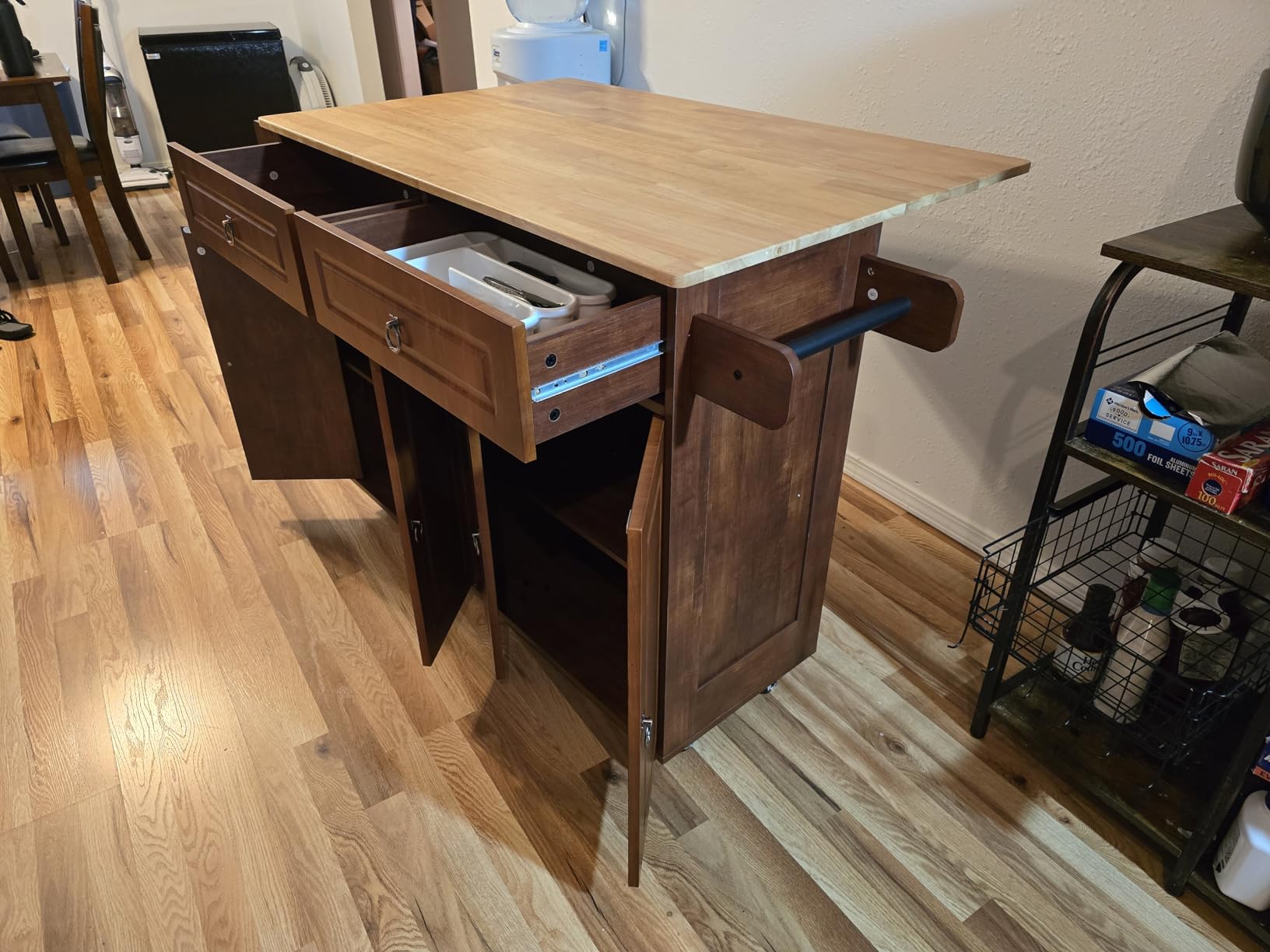 Qsun Kitchen Island with Drop Leaf and Storage, on Wheels Two Drawers, Large Storage Cabinet, Towel Rack Spice Cart Brown customer photo 2