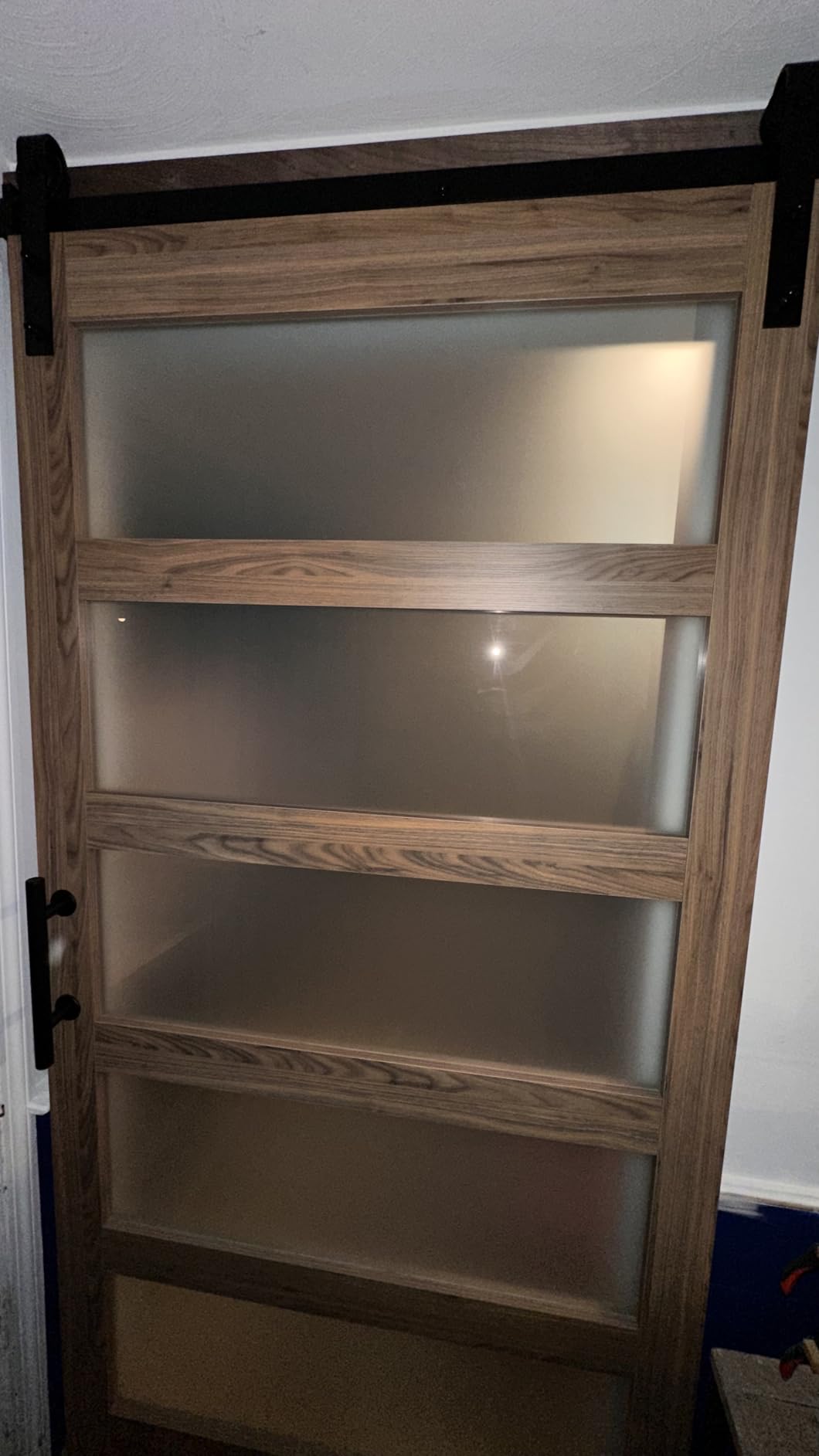 FREDBECK 36 x 84 inch Glass Barn Door with 6.6FT Track Kit, Interior Doors | Fit for 32in-34in Opening Handle Included,5-Panel Frosted Glass, Water-Proof Surface,Pre-Drilled Holes,Need Assembly customer photo 2