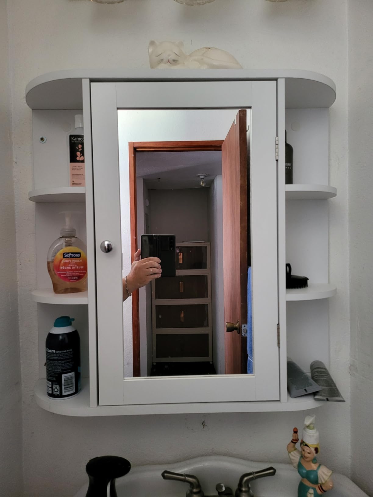 Iwell Bathroom Medicine Cabinet with Mirror, Bathroom Wall Cabinet with 2 Adjustable Shelves & 6 Open Shelves, Medicine Cabinet Organizer, Bathroom Cabinet Wall Mounted, White customer photo 2