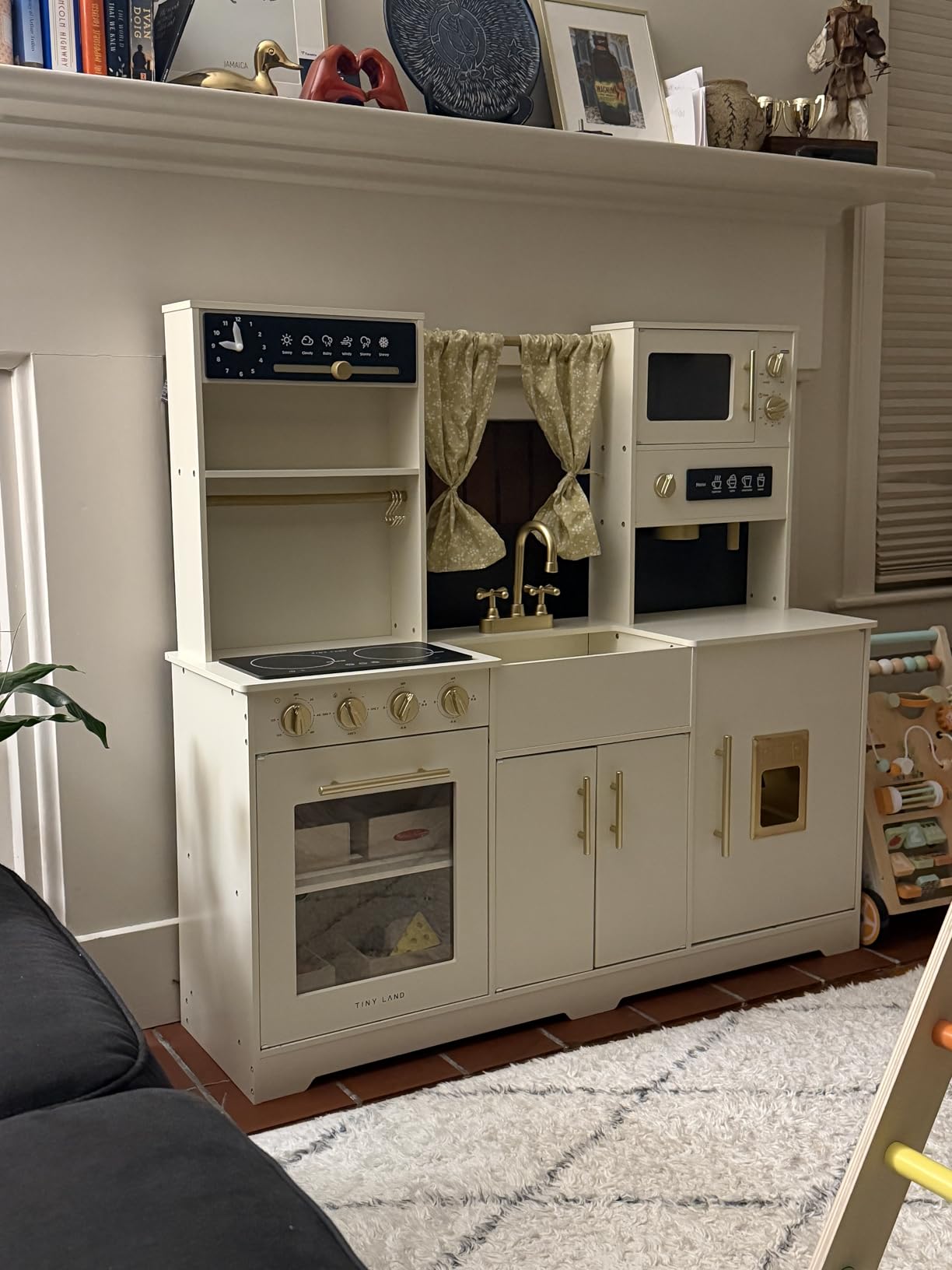 Tiny Land Play Kitchen for Kids - Modern Home Design with Fabric Curtains | Interactive Wooden Kitchen with Coffee Maker & Microwave, Pretend Play Toy, Birthday & Christmas Gift for Boys & Girls customer photo 2