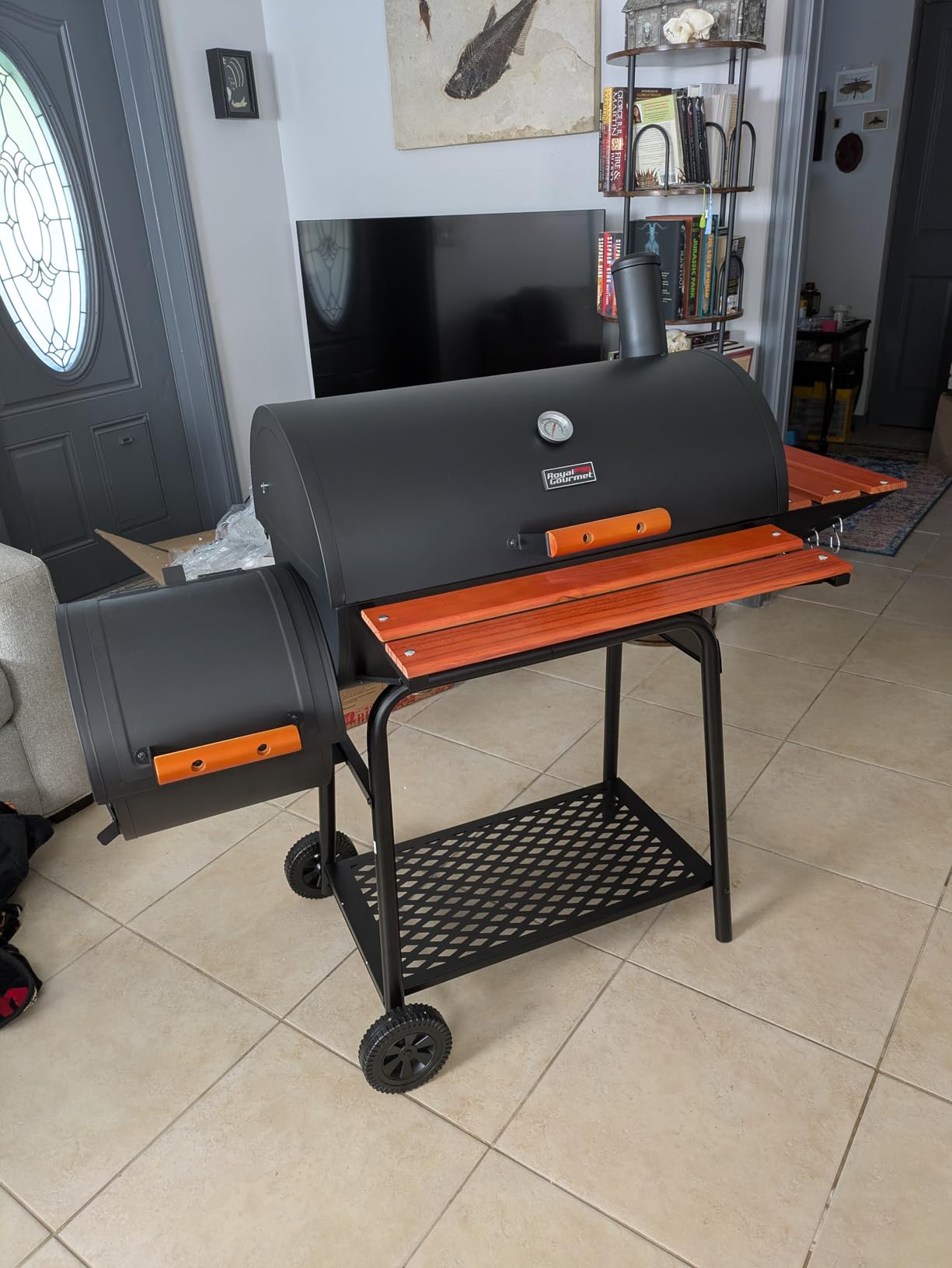 Royal Gourmet 30-Inch Charcoal Grill with Offset Smoker, Wood-Painted Table | CC1830W Outdoor Smoker Grill, 811 Sq. In., Front Table, Adjustable Fire Grates, for Outdoor Barbecue Event, Black customer photo 1