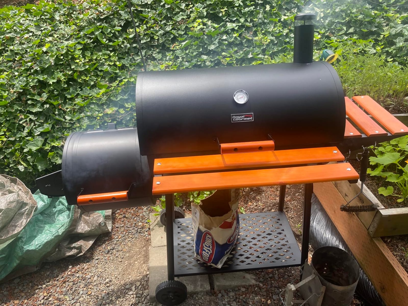 Royal Gourmet 30-Inch Charcoal Grill with Offset Smoker, Wood-Painted Table | CC1830W Outdoor Smoker Grill, 811 Sq. In., Front Table, Adjustable Fire Grates, for Outdoor Barbecue Event, Black customer photo 2