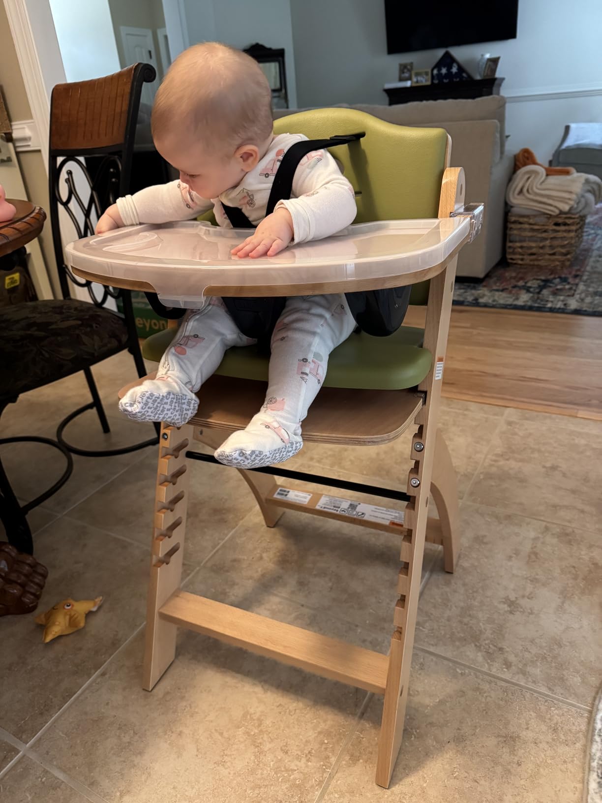 Abiie Beyond Junior Convertible Wooden High Chair with Removable Tray | 3-in-1 Adjustable Highchair for Babies & Toddlers, Fits 6 Mos to 250 lbs, Water-Resistant, Natural Wood w/ Grey Cushion customer photo 1