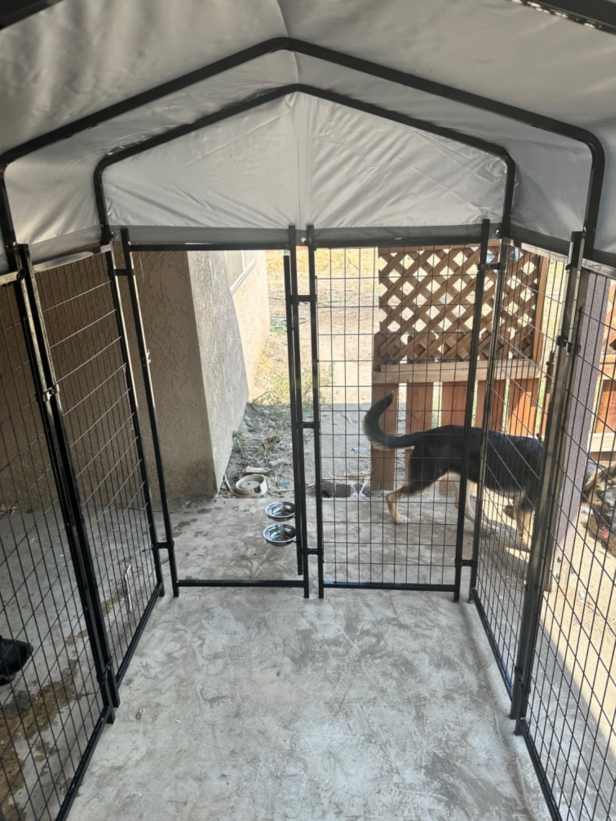 LEMBERI 8x4x6FT Outdoor Dog Kennel for Large Dogs, Heavy Duty | Escape-proof galvanized steel dog run with double-latch gate, reflective silver waterproof roof, 2 stainless steel bowls customer photo 2