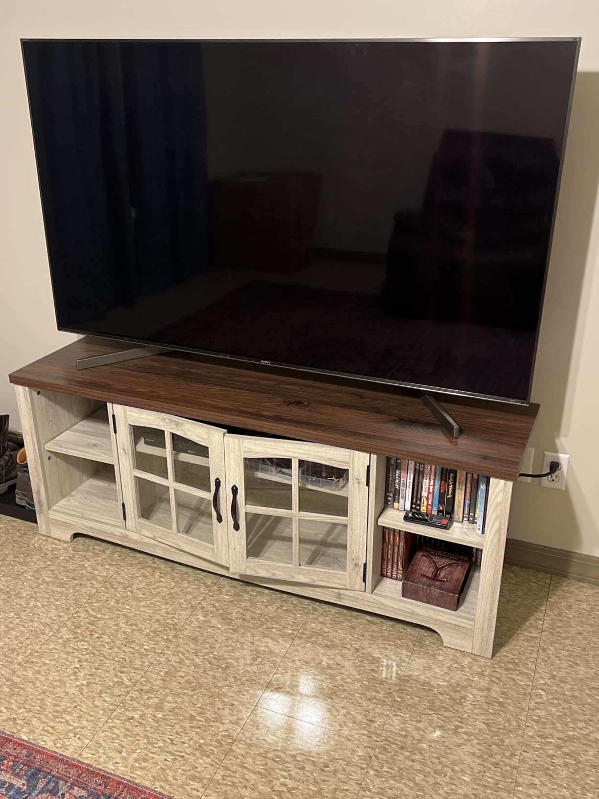 LINSY HOME Farmhouse TV Stand for 65 Inch TV, Wood Entertainment Center with Glass Door Storage Cabinet & Adjustable Shelves, Large Sturdy TV Console Table for Living Room Bedroom customer photo 2