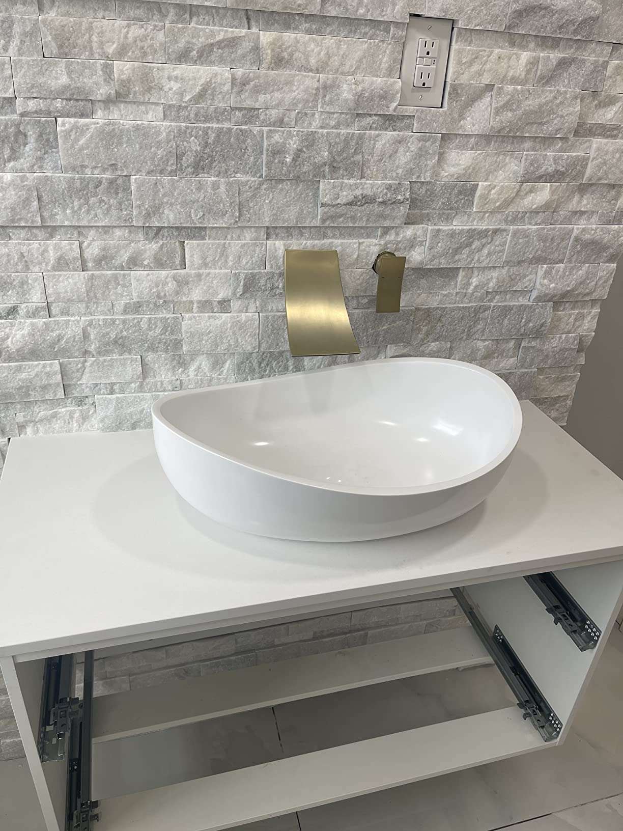22.44'' Stone Resin Bathroom Vessel Sink, Matte White | Oval Vessel Sink with Pop-Up Drain, Modern Above Counter Basin for Vanity Countertop, No Faucet Hole, No Overflow customer photo 2