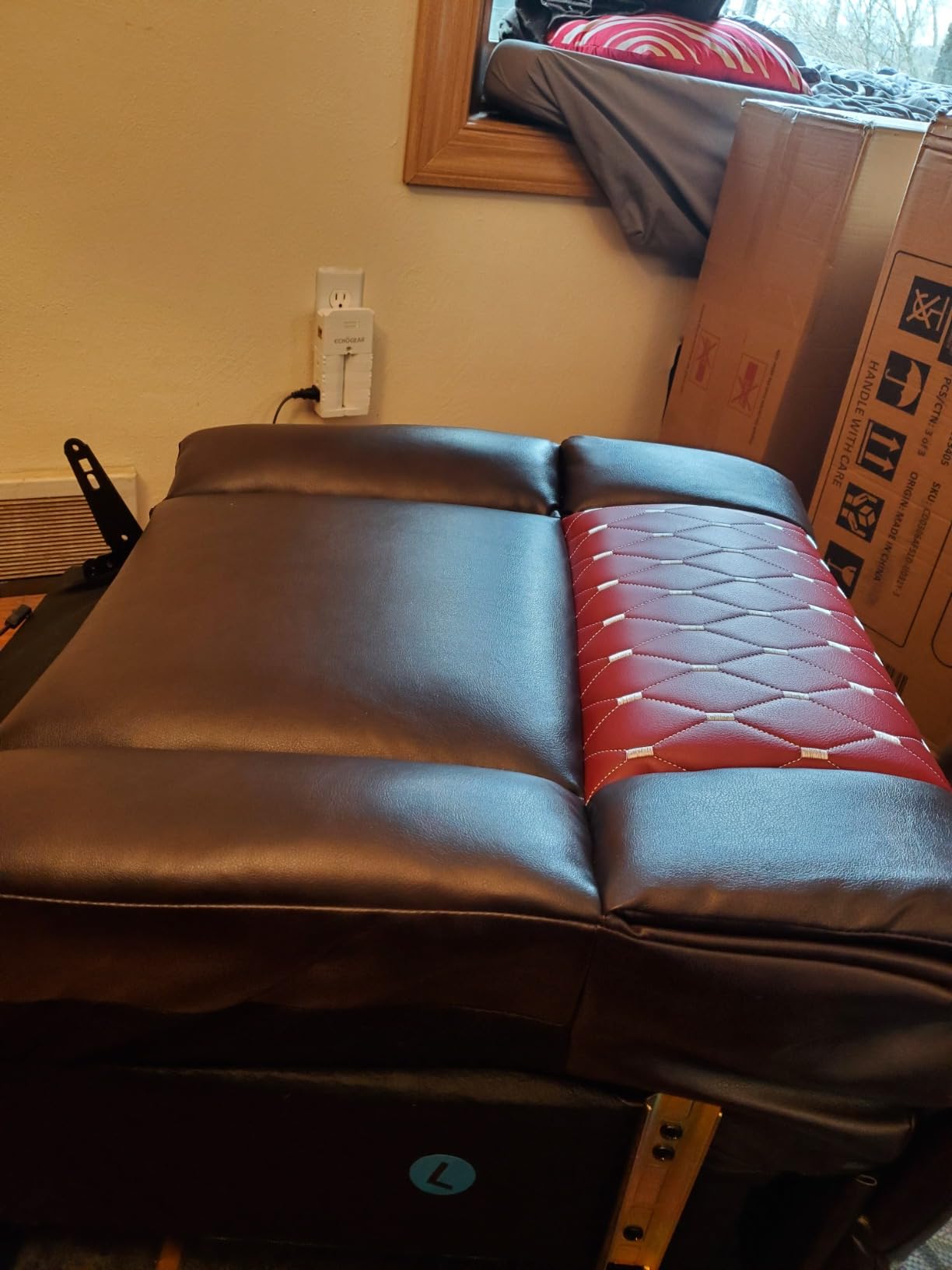 ANJ Electric Power Recliner Chair with Adjustable Powered Headrest, Faux Leather Home Theater Seating Overstuffed Reclining Furniture with USB Ports, Cup Holders, Hidden Arm Storage (Black/Red) customer photo 2