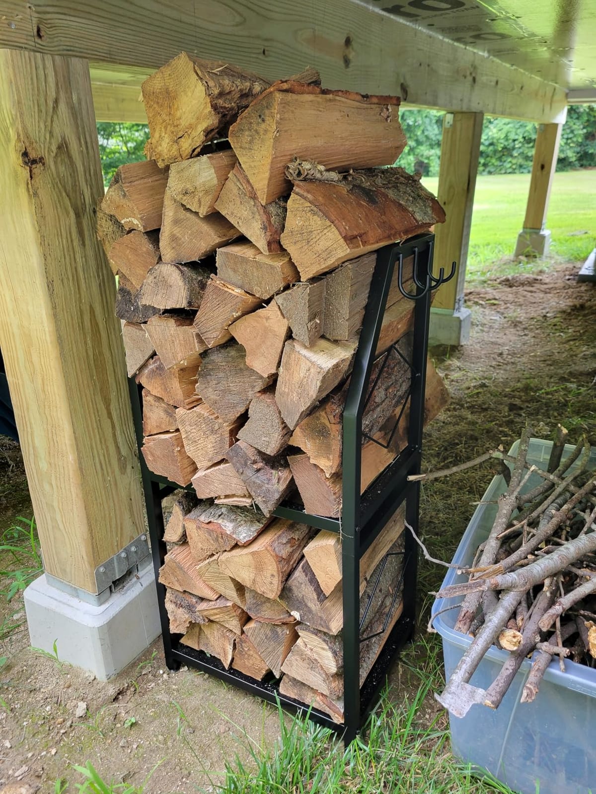 VyGrow Firewood Rack for Indoor, 2-Tier Firewood Holder with 3 Hanging Hooks, Heavy Duty Wood Rack for Outdoor Patio, Black customer photo 2