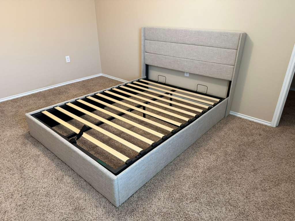 Allewie Queen Size Lift Up Hydraulic Storage Bed Frame Light Beige | Modern Wingback Headboard, Hydraulic Support Storage, No Box Spring Needed customer photo 1