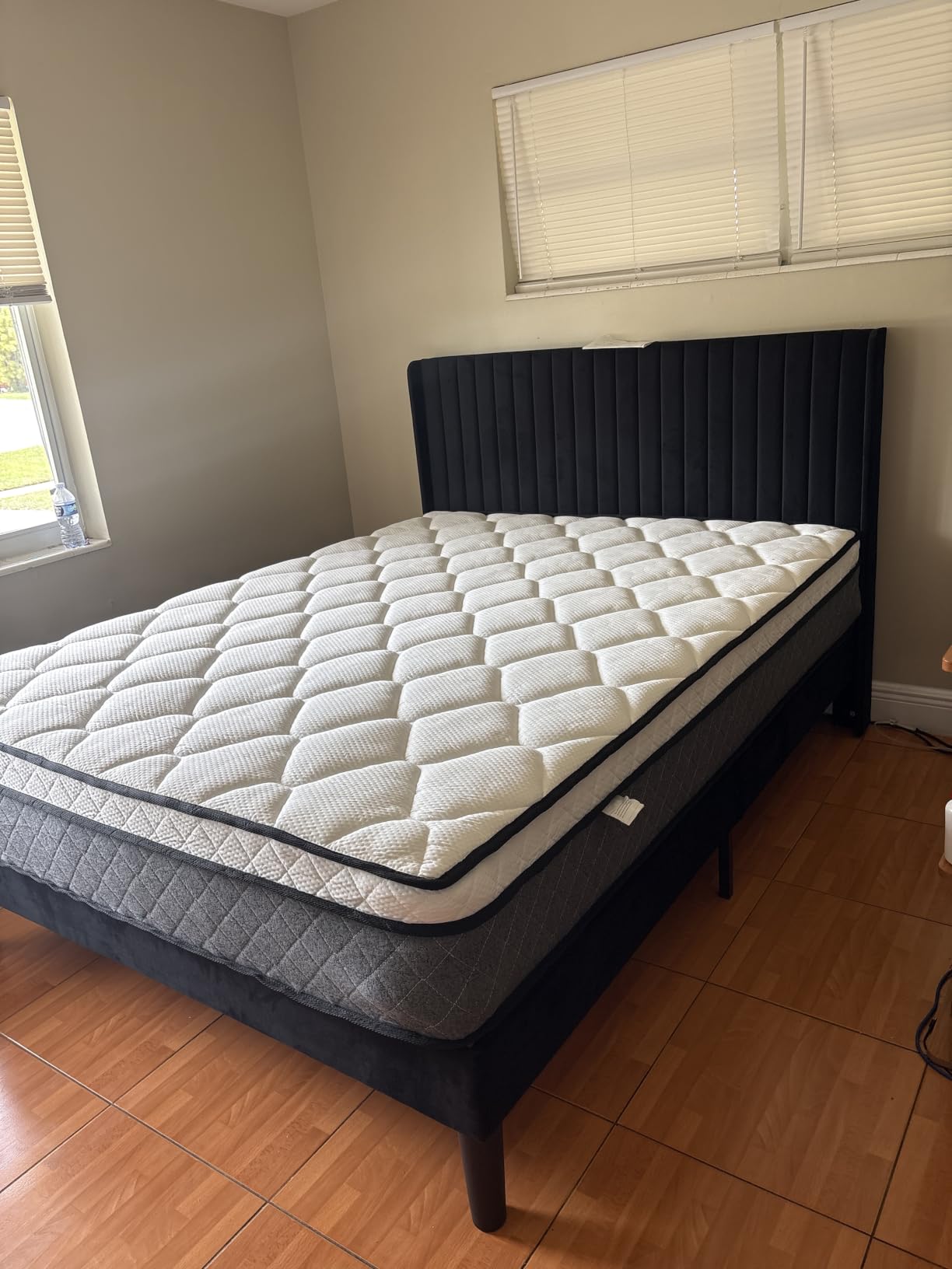 Allewie Queen Size Velvet Bed Frame/Vertical Channel Tufted Wingback Headboard/Upholstered Platform Bed/Strong Wooden Slats/No Box Spring Needed/Easy Assembly/White customer photo 1