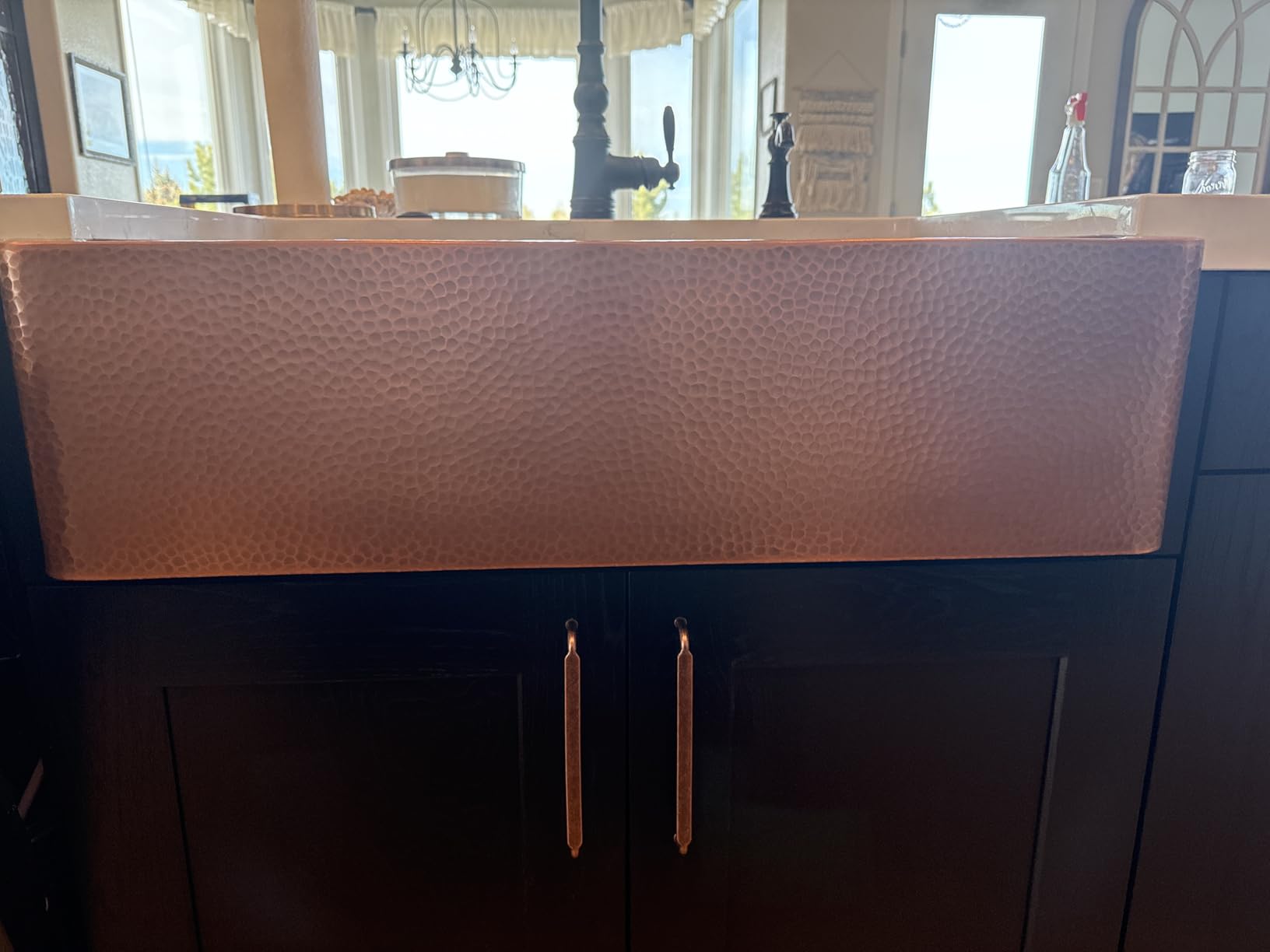 Sinkology Lange 32 in Copper Farmhouse Sink, Apron Front Single Bowl | Hand-hammered 17-gauge solid copper, antique copper patina, fits 36 in cabinet, undermount apron install customer photo 1