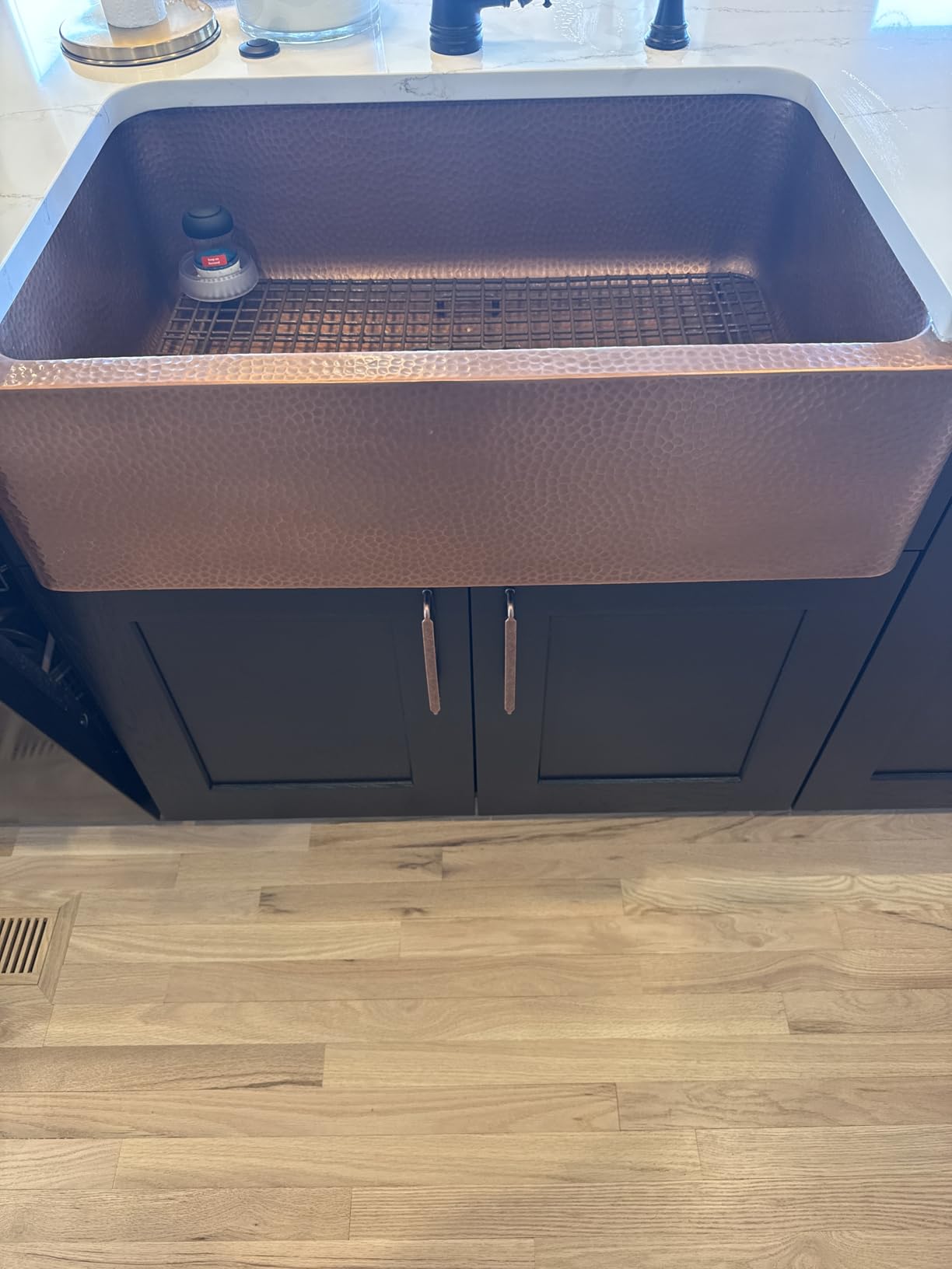 Sinkology Lange 32 in Copper Farmhouse Sink, Apron Front Single Bowl | Hand-hammered 17-gauge solid copper, antique copper patina, fits 36 in cabinet, undermount apron install customer photo 2