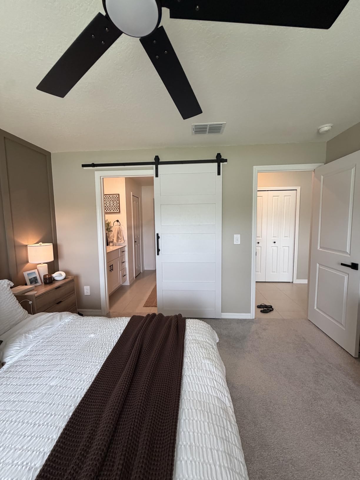 28in x 84in Sliding Barn Door 5 Panel with Water-Proof PVC Surface | Solid Barn Door Slab with 5ft Barn Door Hardware Kit & Handle, Pre-Drilled Holes Easy Assembly, White customer photo 1