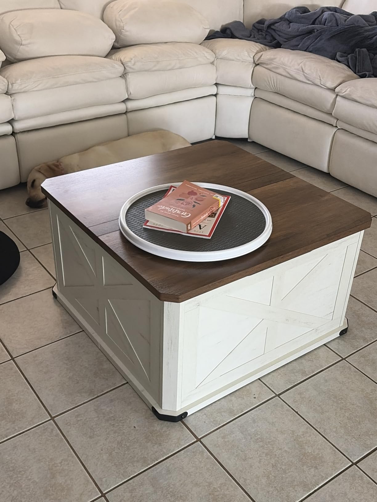 VASAGLE Farmhouse Coffee Table with Storage, Flip-Top Lids | Square Coffee Table for Living Room, with Hidden Compartment, Honey Brown and Rustic White, LIRY Collection ULCT232W73 customer photo 1