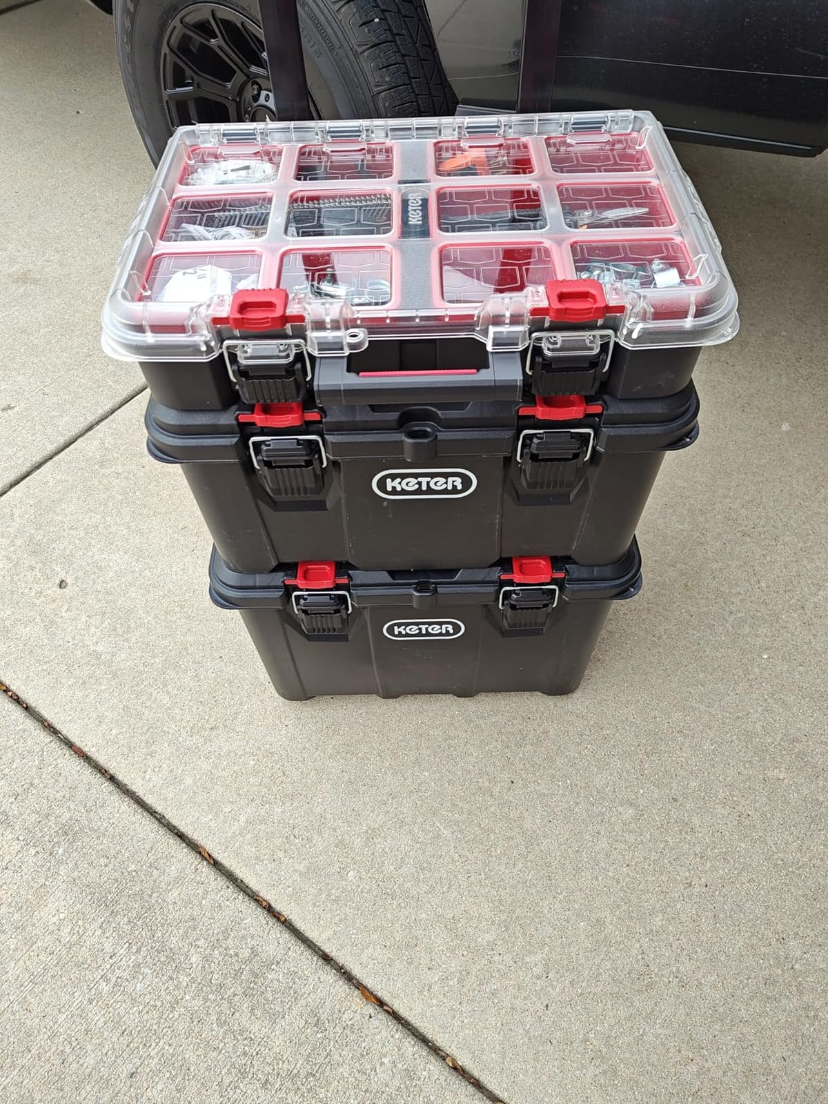 Keter Stack N Rolling Tool Box Modular Storage System 3 Piece | Black and Red, Heavy Duty, Weatherproof, All Terrain Wheels, Durable, Easy to Use, Telescoping Handle customer photo 1