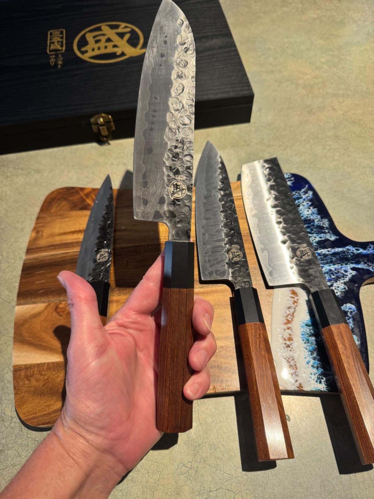 MITSUMOTO SAKARI 4-Piece Japanese Chef Knife Set, San-Mai 9Cr18MoV, Gyuto Santoku Nakiri Paring, Deep-Cryo Heat Treatment, Tsuchime Food Release, Rosewood Handles, Sandalwood Box customer photo 1