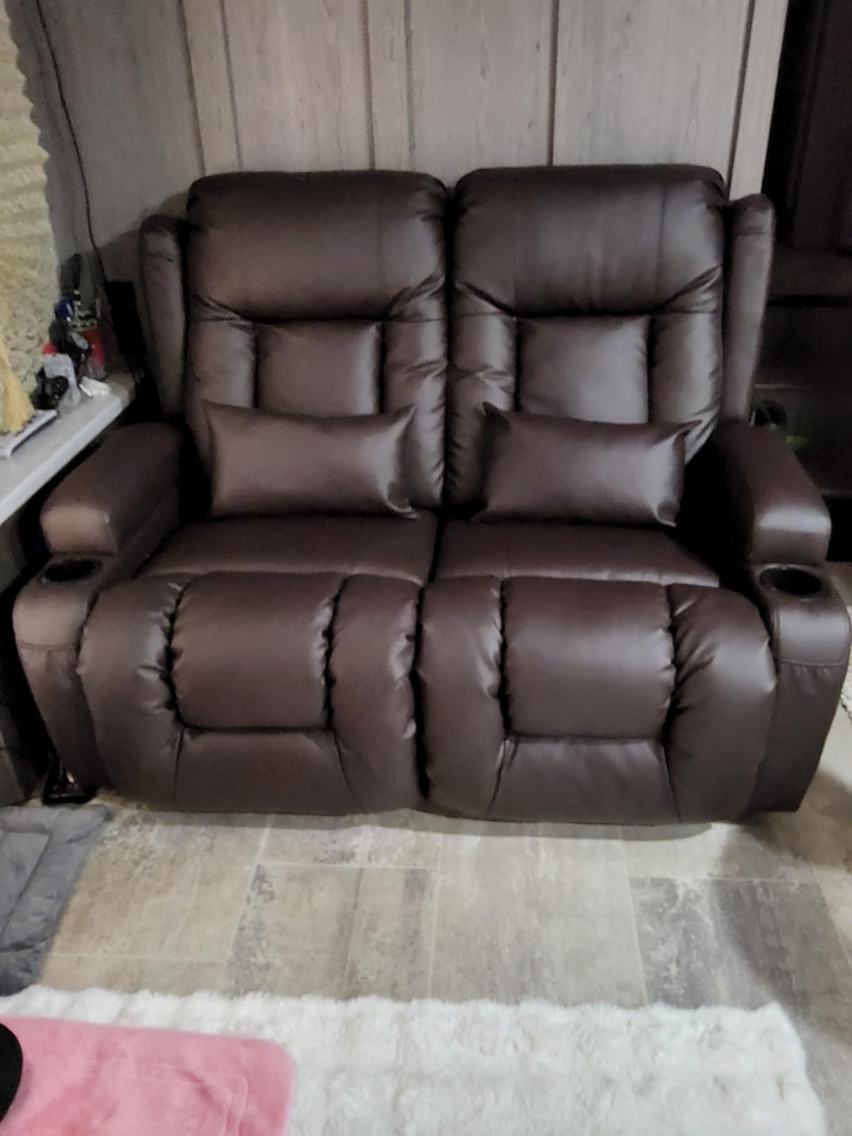 URRED Power Loveseat Recliner Sofa with Massage and Heat,Black | Wall Hugger Reclining Loveseat with Console, RV Couch Home Theater Seating with LED Lights for Living Room, Faux Leather customer photo 2