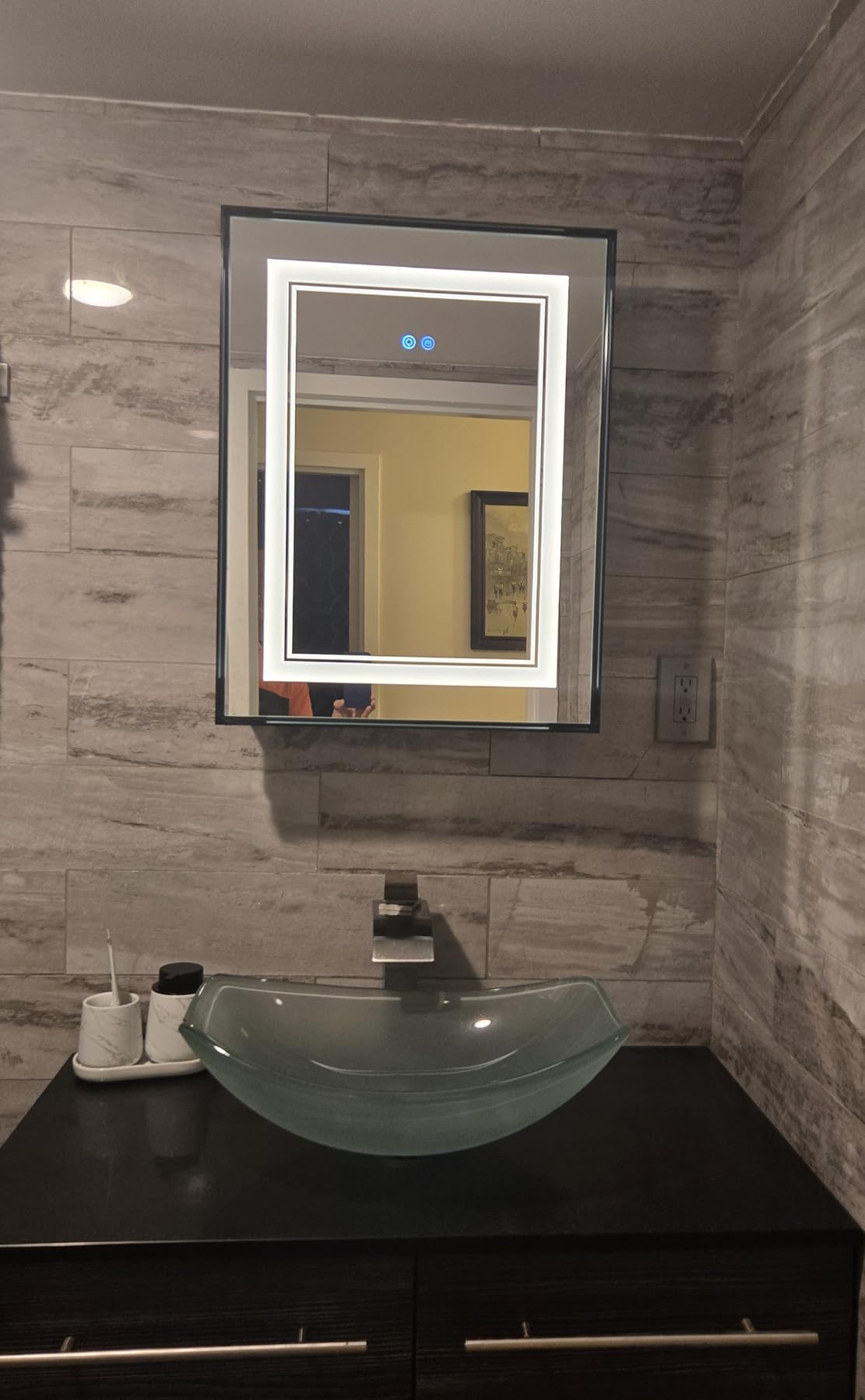 TETOTE Black Led Bathroom Medicine Cabinet with Mirror 20 x 26 Recessed or Surface Mount Metal Framed Lighted Medicine Cabinet, Tempered Glass, 3 Color Dimming, Anti-Fog, 2 Outlets, Adjustable Shelf customer photo 2