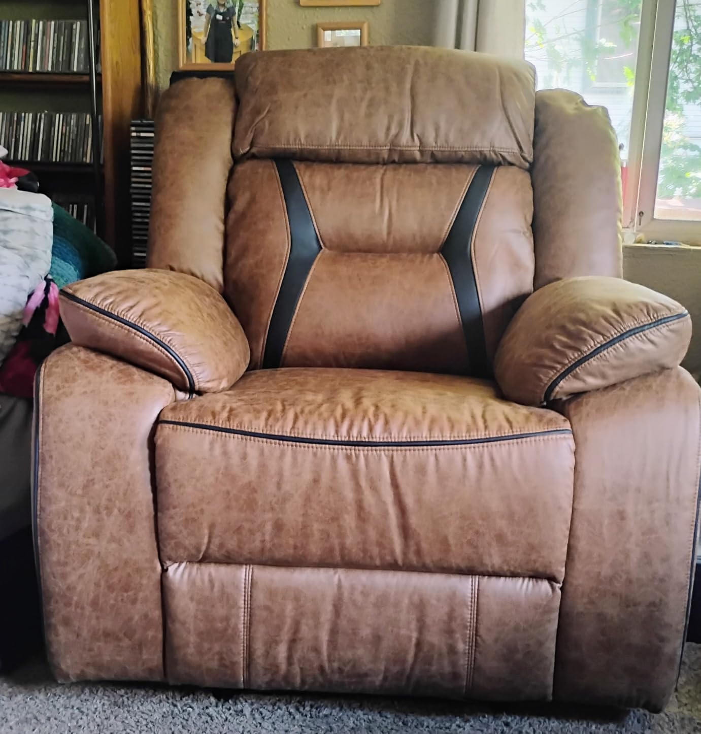 EBELLO Faux Leather Manual Loveseat Recliner, 2 Seat Reclining Sofa Chair with Center Console, Hidden Storage and Cup Holders, Dual Recliner for Living Room, Meeting Room, Brown (Loveseat) customer photo 1