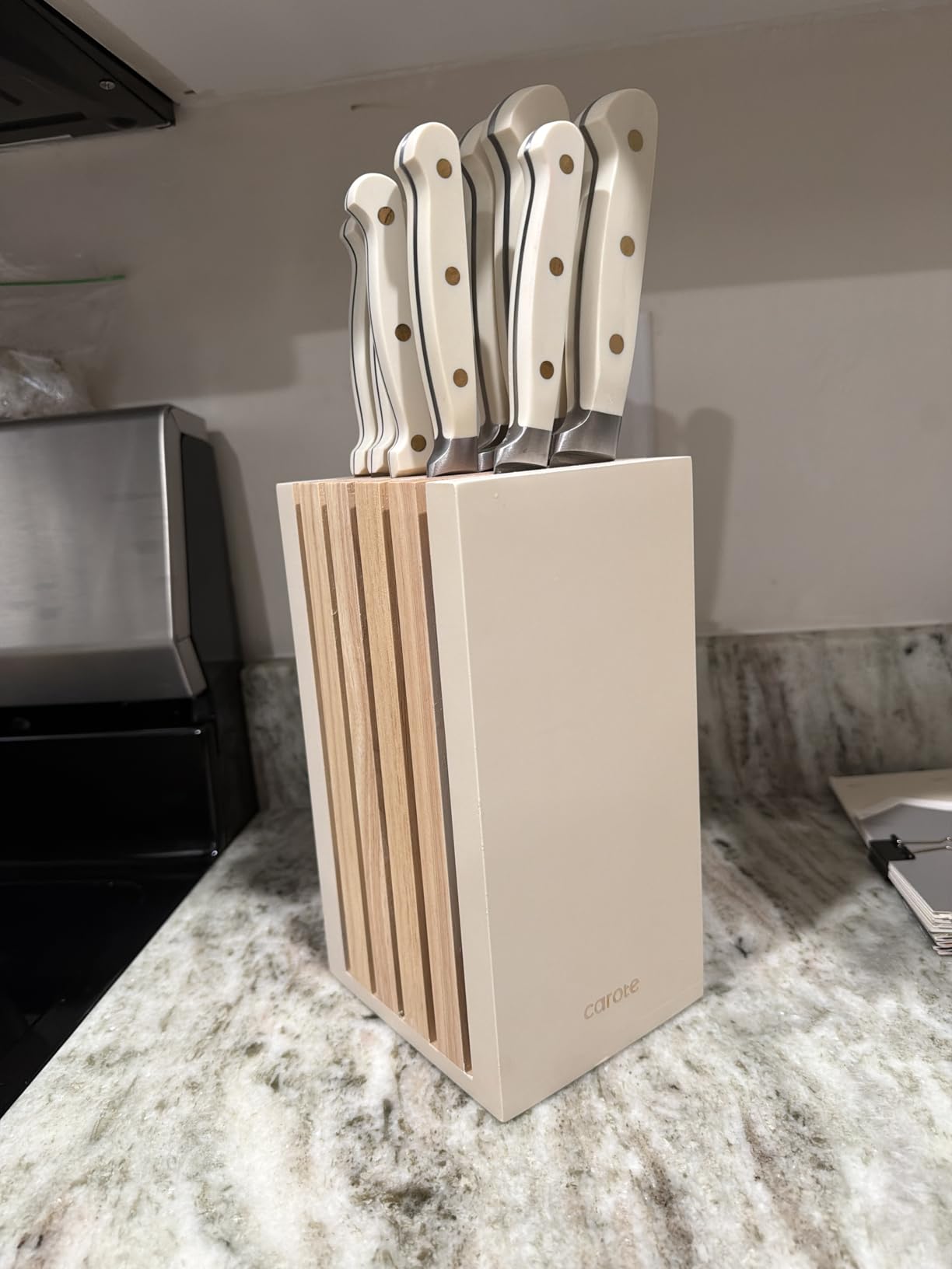 CAROTE 15-Piece Knife Set, Wood Block with Built-In Sharpener, Cream, Stainless Steel Knives with Ceramic Nonstick Coating customer photo 2