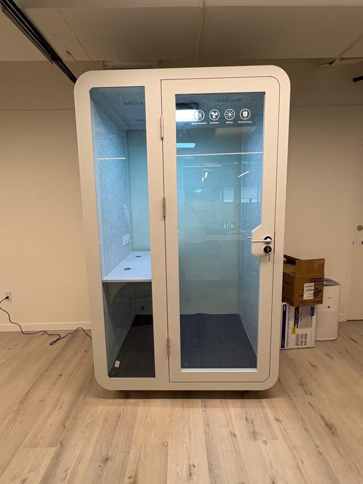 GEARONIC Mobile Office Pod Booth, Sound Proof Booth for Home, Mobile Roller with Desk, LED Light, Fans and AC USB Ports (White) customer photo 1