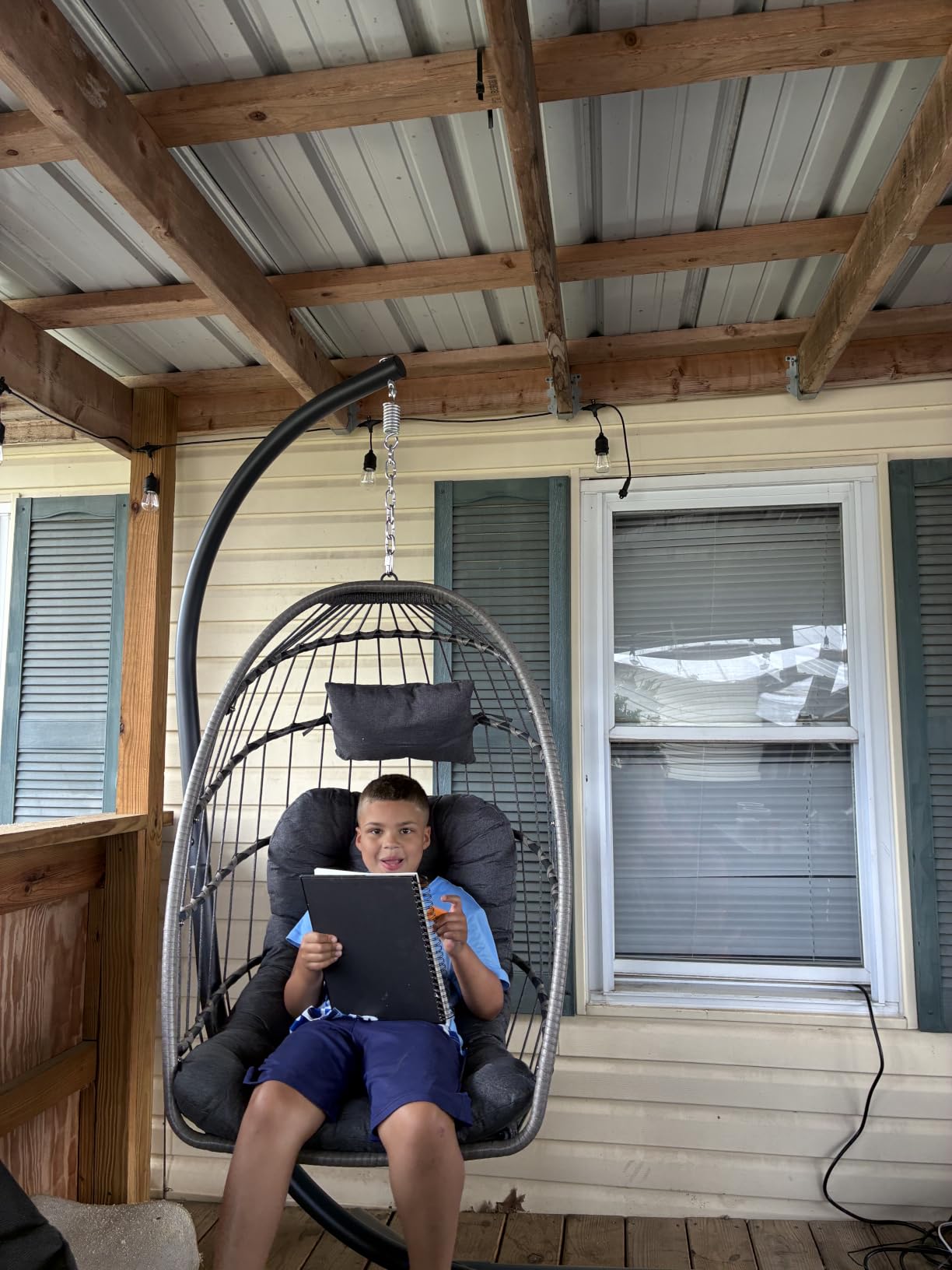 Egg Chair Outdoor with Stand, Indoor Wicker Hanging Egg Swing, Grey | Patio Swinging Chair with Thick Cushion, Egg Shaped Swing for Bedroom Porch Balcony, Rattan Hammock Chairs 370 LBS Capacity customer photo 1