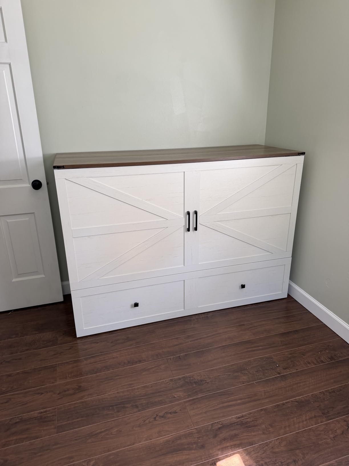 AMERLIFE Full Murphy Bed with Storage & Charging Station | Distressed White Wood Murphy Cabinet, Farmhouse Foldable Platform Bed, Large Drawer, Noisy Free, Guest Bedroom & Living Room customer photo 1
